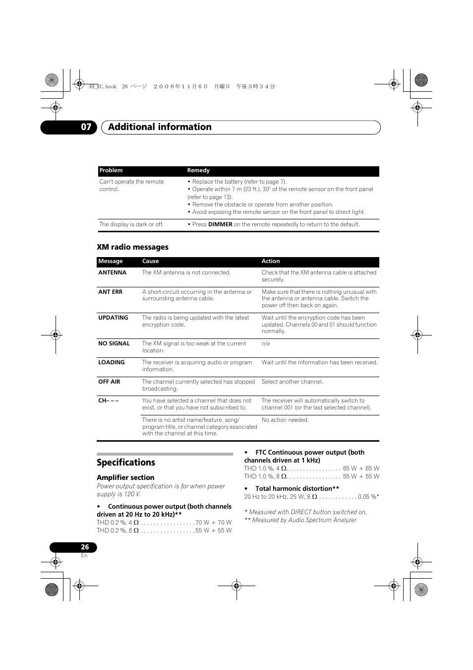 Xm radio messages, Specifications, Additional information 07 | Pioneer A9 User Manual | Page 26 / 28