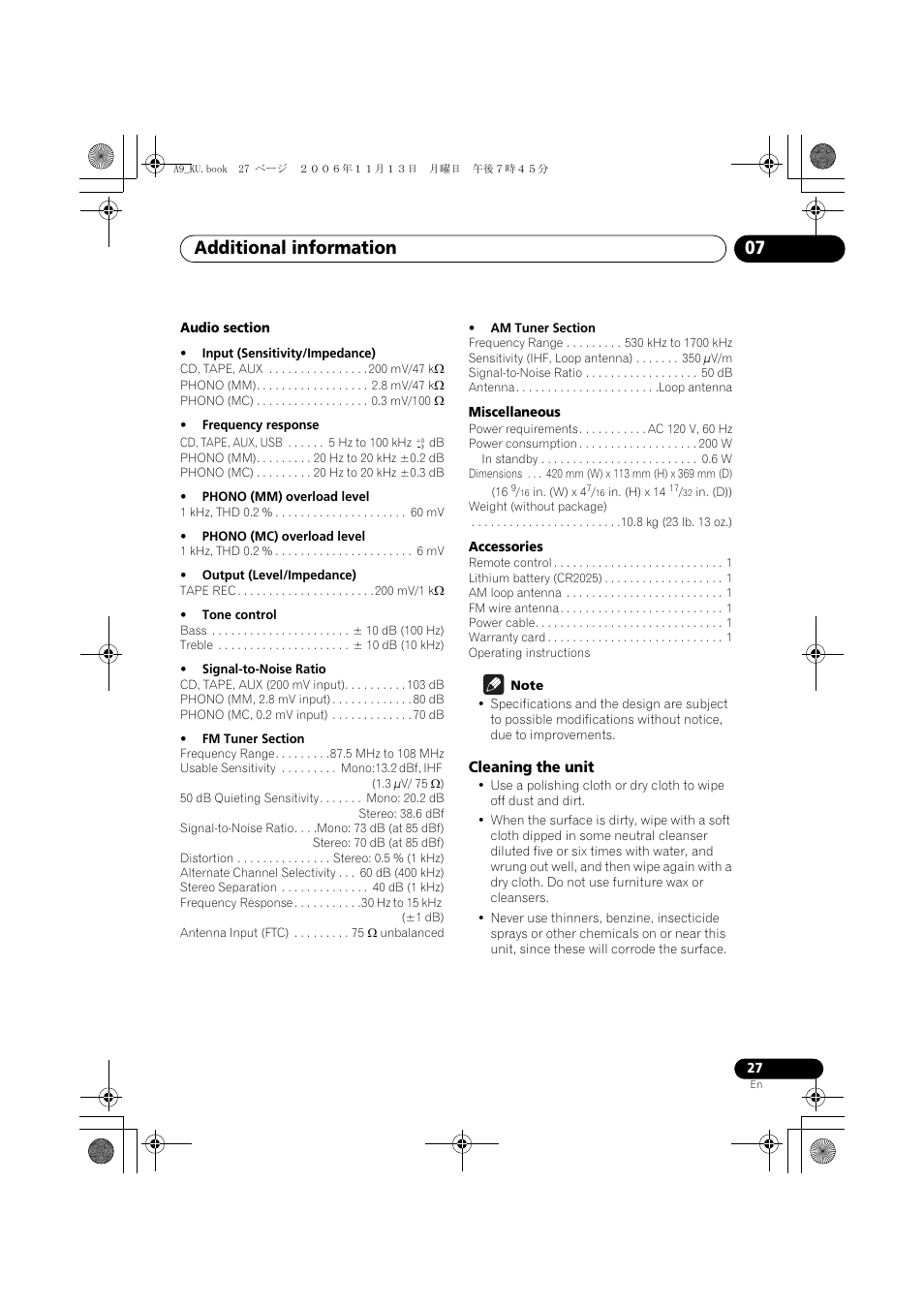 Cleaning the unit, Additional information 07 | Pioneer A9 User Manual | Page 27 / 28