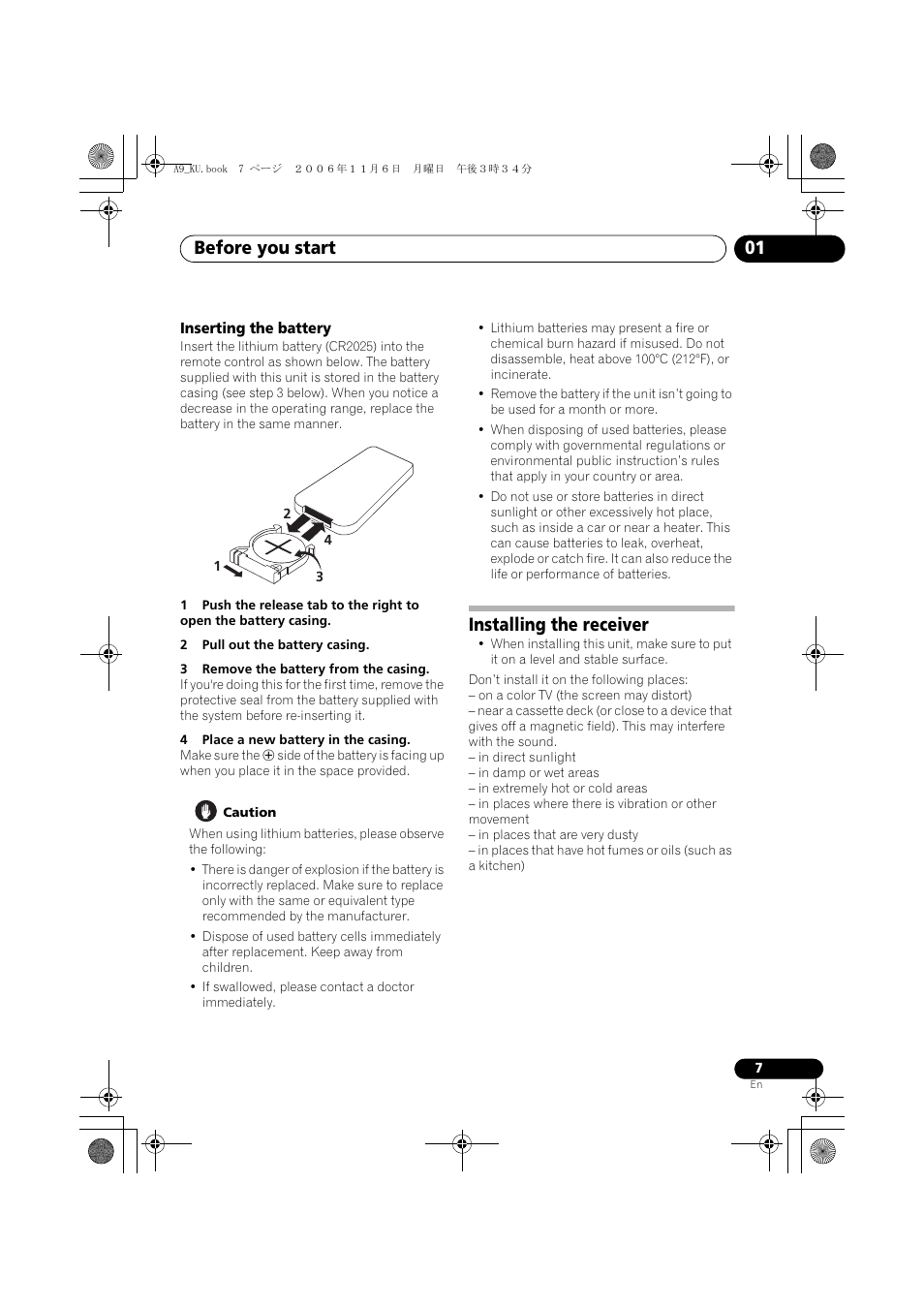 Inserting the battery, Installing the receiver, Before you start 01 | Pioneer A9 User Manual | Page 7 / 28