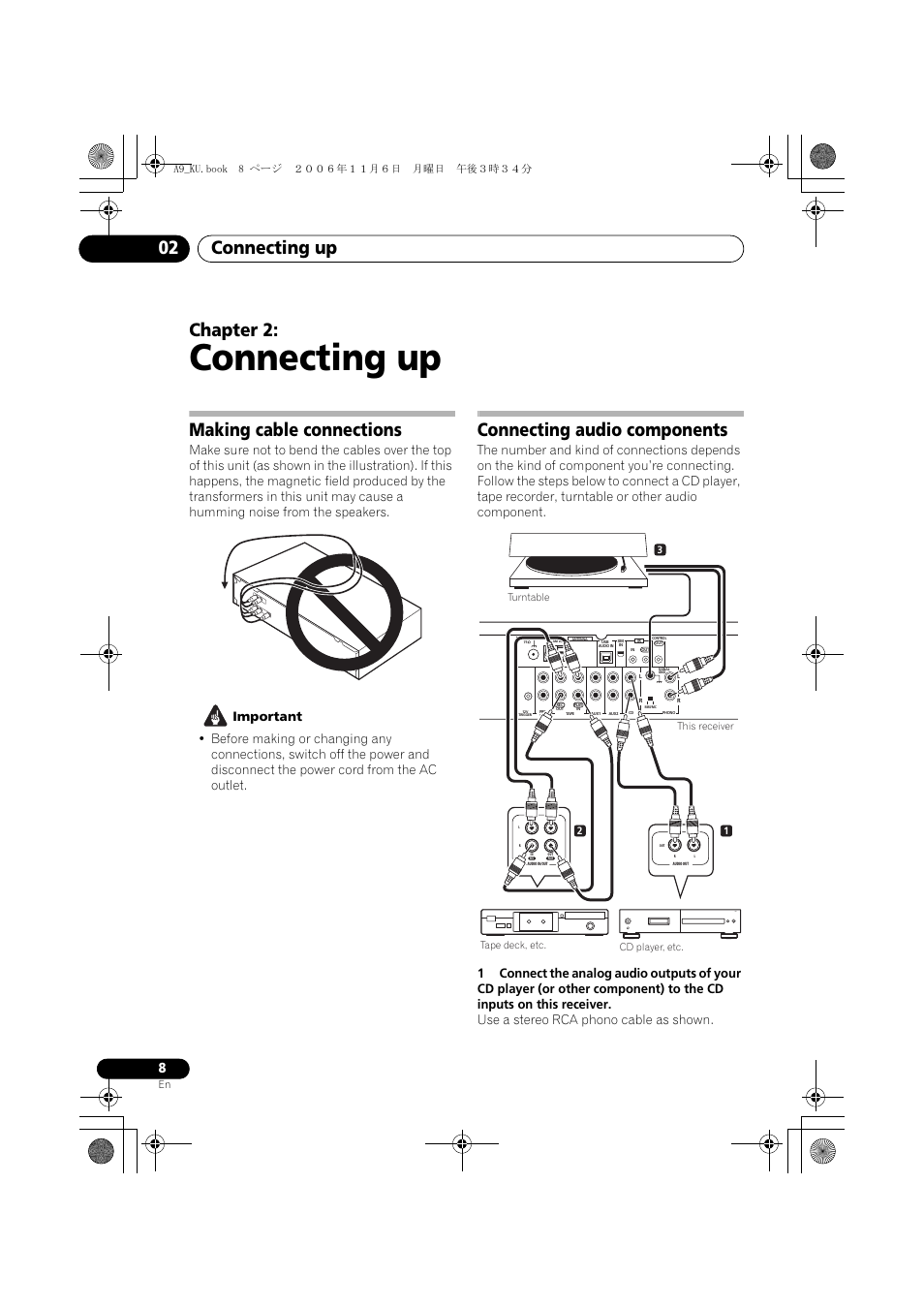 02 connecting up, Making cable connections, Connecting audio components | Connecting up, Connecting up 02, Chapter 2 | Pioneer A9 User Manual | Page 8 / 28