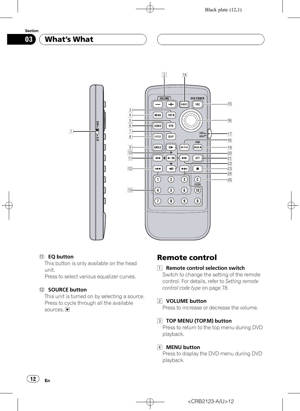Remote control 12, Remote control, Whats what | Pioneer Super Tuner III D DVH-P5850MP User Manual | Page 12 / 100