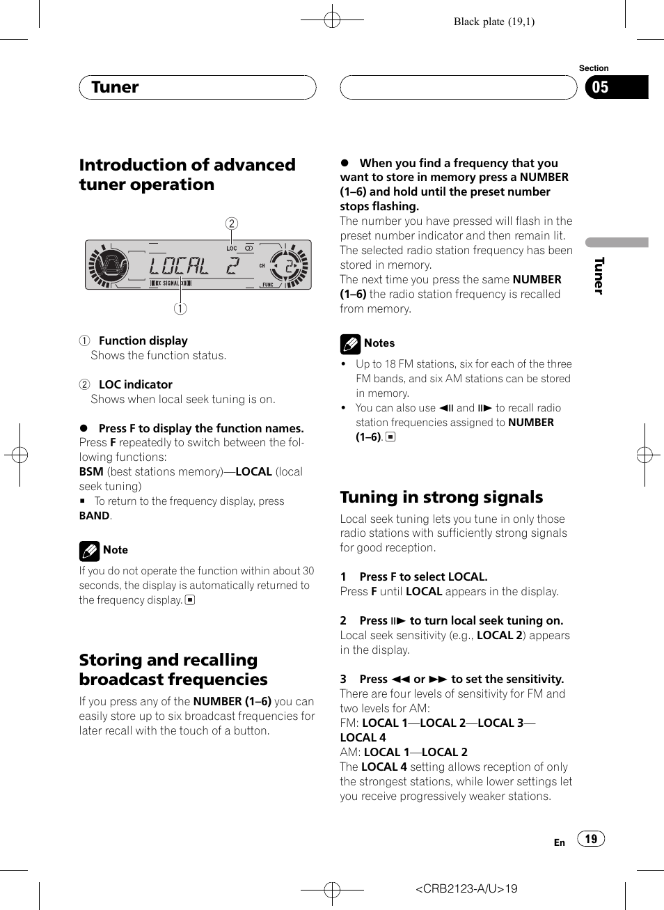 Introduction of advanced tuner, Operation 19, Storing and recalling broadcast | Frequencies 19, Tuning in strong signals 19, Introduction of advanced tuner operation, Storing and recalling broadcast frequencies, Tuning in strong signals, Tuner | Pioneer Super Tuner III D DVH-P5850MP User Manual | Page 19 / 100
