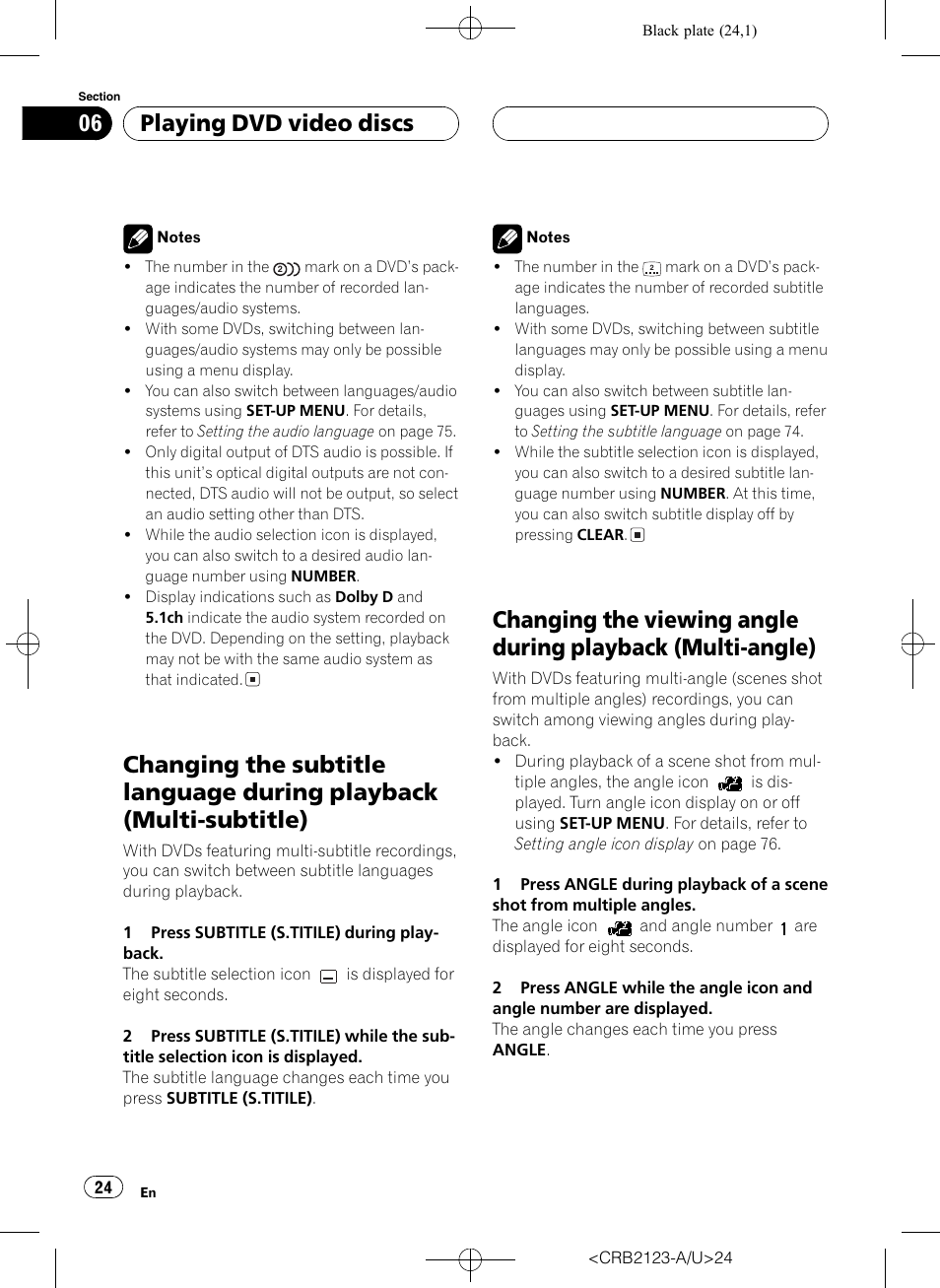 Changing the subtitle language during, Playback (multi-subtitle) 24, Changing the viewing angle during playback | Multi-angle) 24, Playing dvd video discs | Pioneer Super Tuner III D DVH-P5850MP User Manual | Page 24 / 100