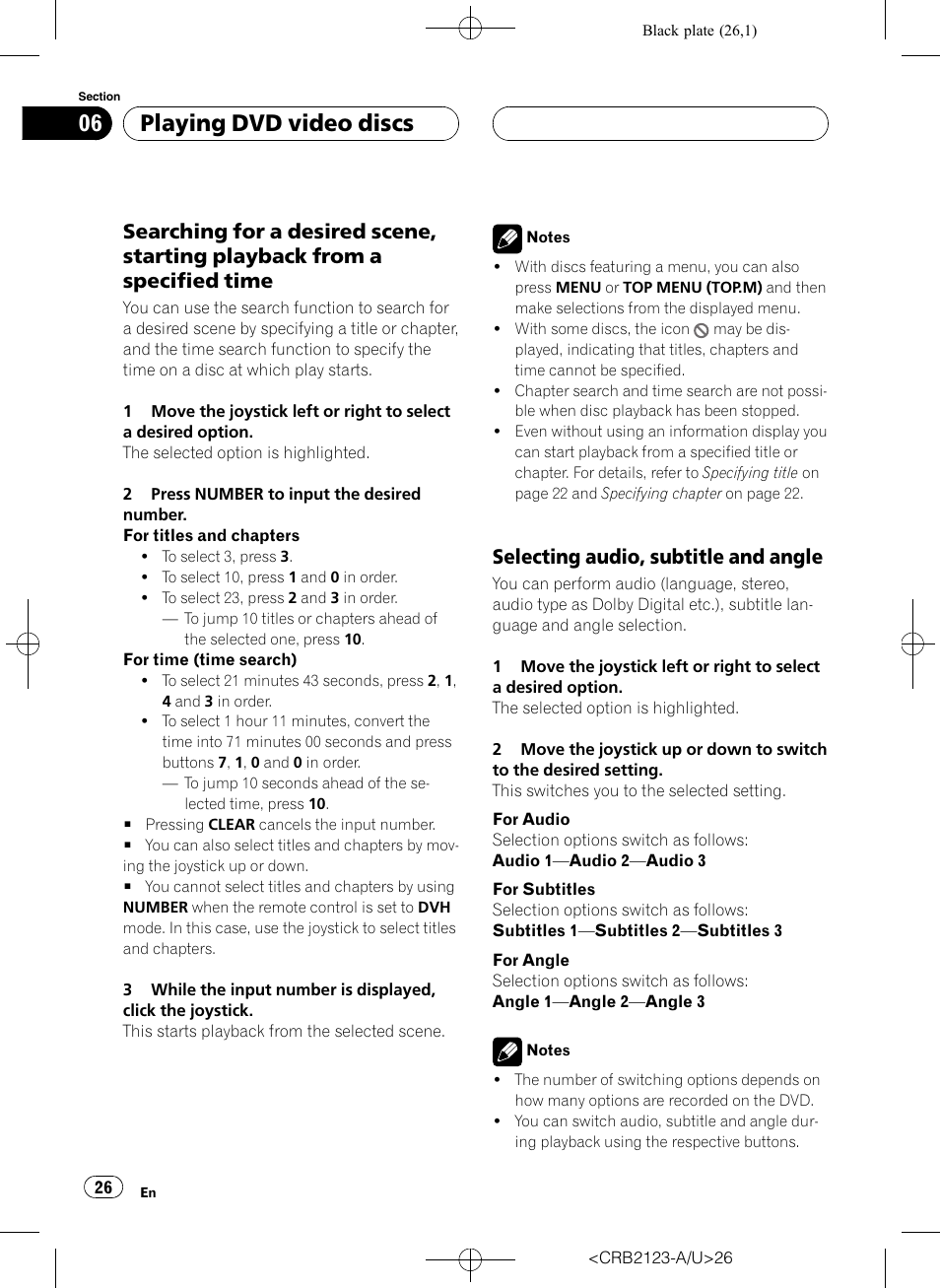 Playing dvd video discs, Selecting audio, subtitle and angle | Pioneer Super Tuner III D DVH-P5850MP User Manual | Page 26 / 100
