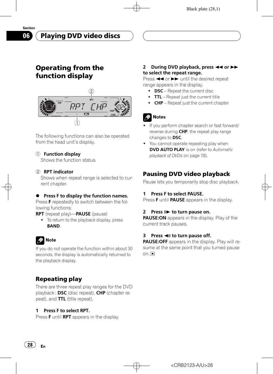 Operating from the function display 28, Operating from the function display, Playing dvd video discs | Pioneer Super Tuner III D DVH-P5850MP User Manual | Page 28 / 100