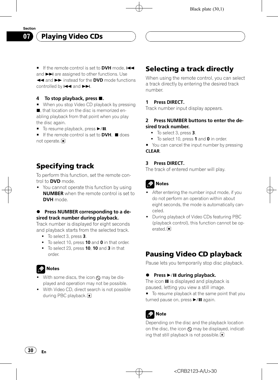 Specifying track, Selecting a trackdirectly, Pausing video cd playback | Playing video cds | Pioneer Super Tuner III D DVH-P5850MP User Manual | Page 30 / 100