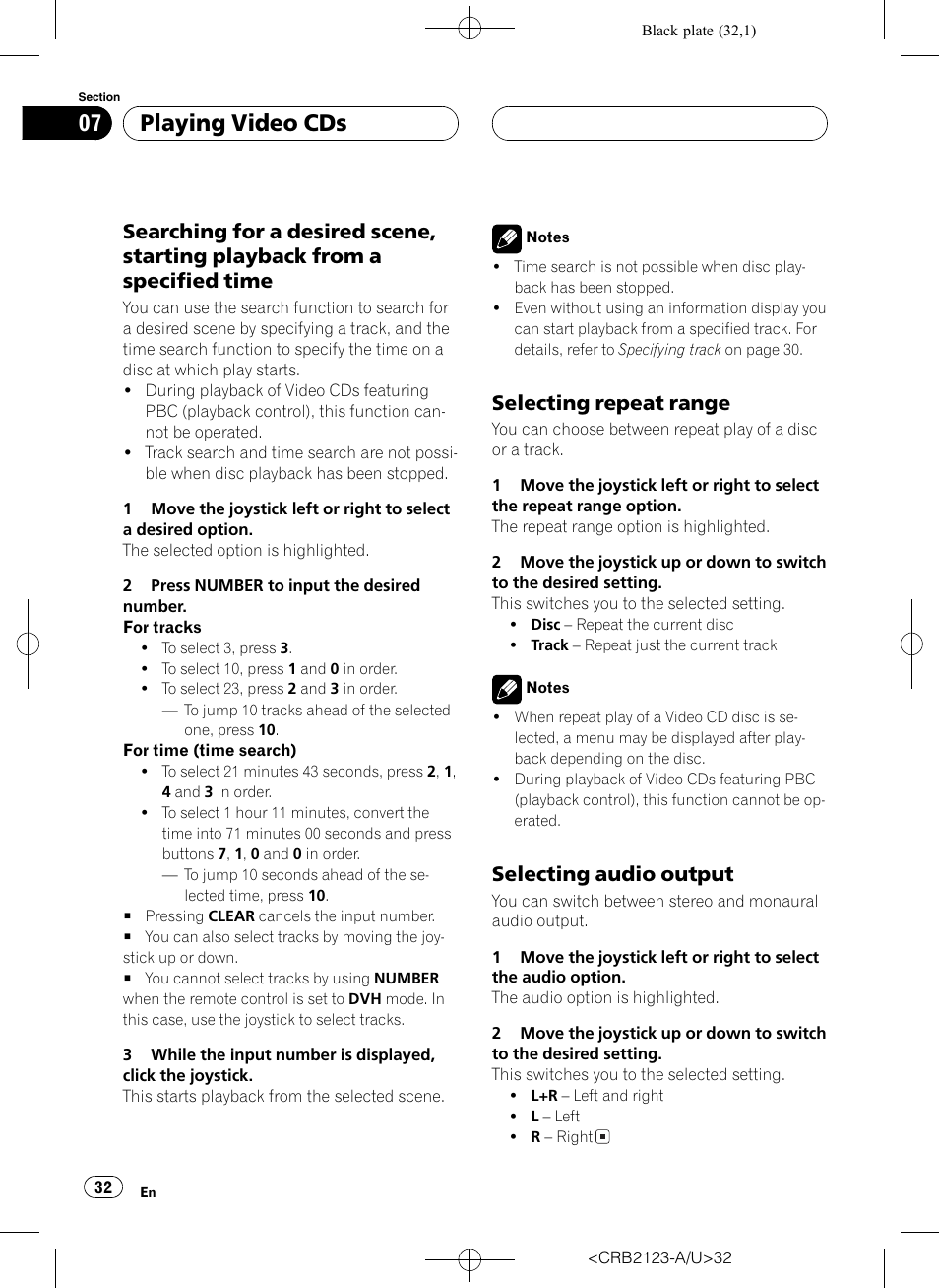 Playing video cds, Selecting repeat range, Selecting audio output | Pioneer Super Tuner III D DVH-P5850MP User Manual | Page 32 / 100