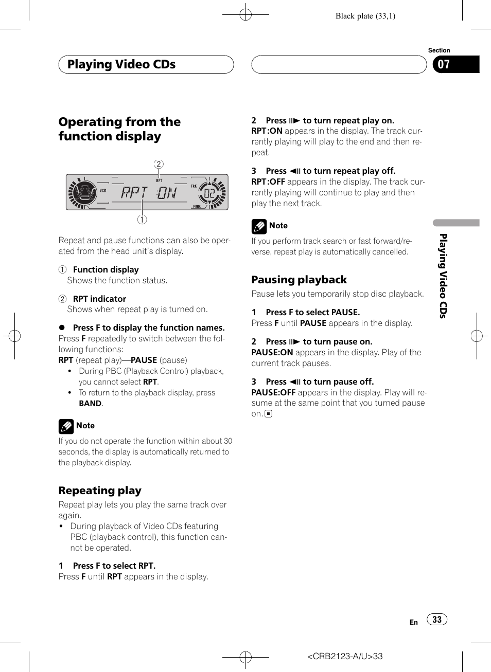 Operating from the function display 33, Operating from the function display, Playing video cds | Pioneer Super Tuner III D DVH-P5850MP User Manual | Page 33 / 100