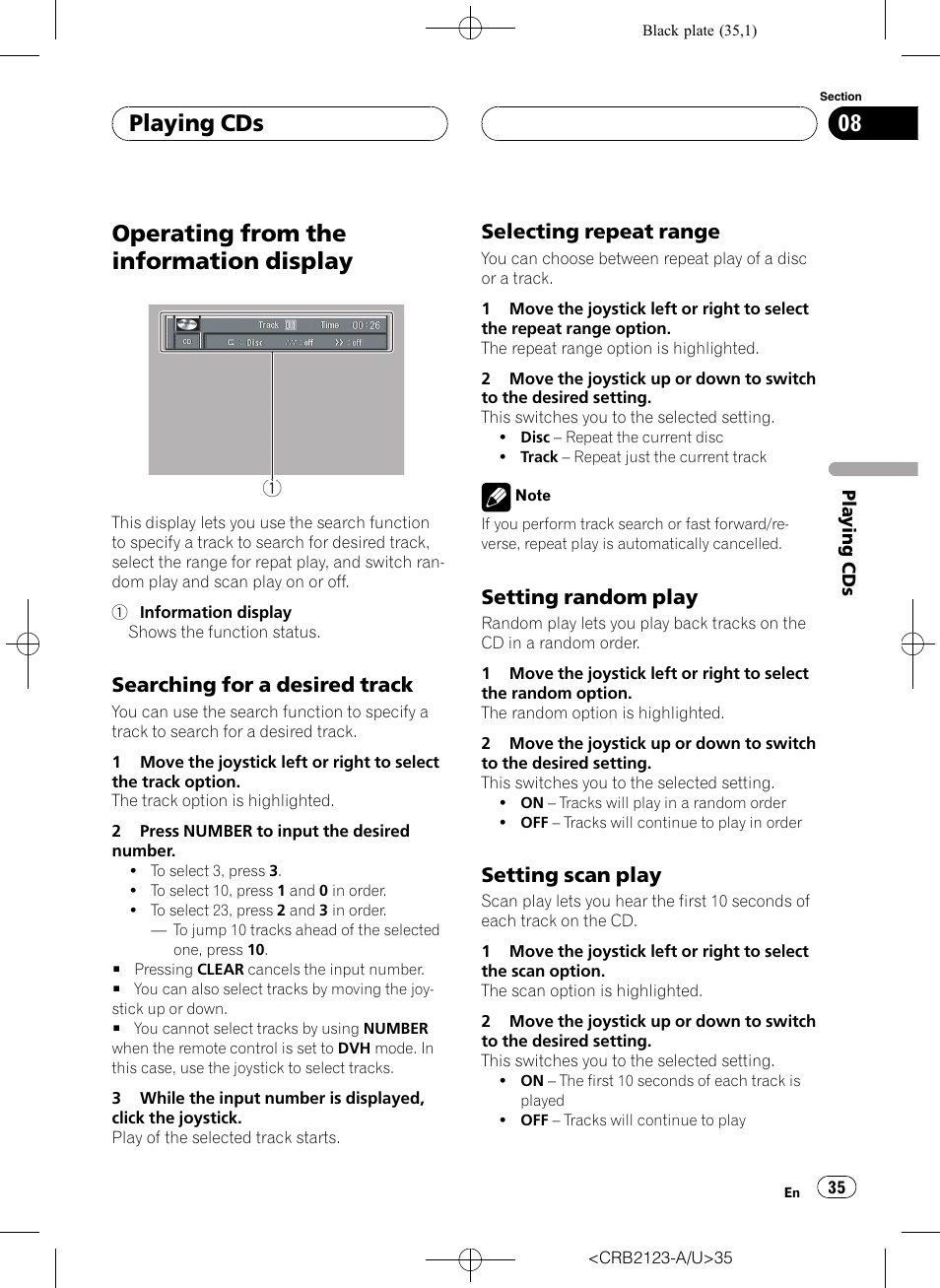 Operating from the information display 35, The next, Operating from the information display | Playing cds, Searching for a desired track, Selecting repeat range, Setting random play, Setting scan play | Pioneer Super Tuner III D DVH-P5850MP User Manual | Page 35 / 100