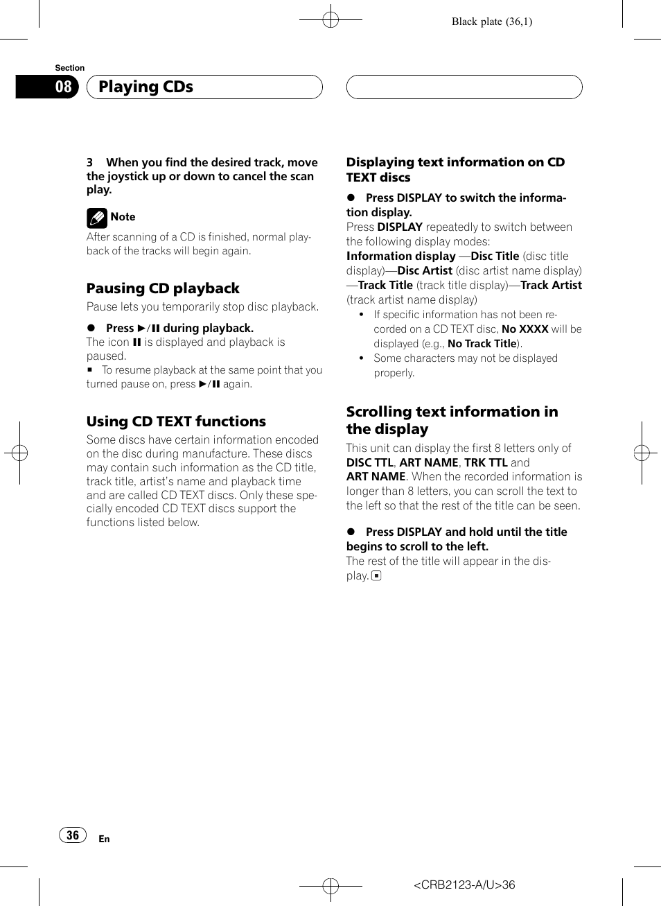 Playing cds, Pausing cd playback, Using cd text functions | Scrolling text information in the display | Pioneer Super Tuner III D DVH-P5850MP User Manual | Page 36 / 100