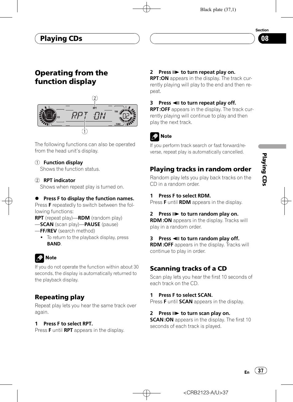 Operating from the function display 37, Operating from the function display, Playing cds | Pioneer Super Tuner III D DVH-P5850MP User Manual | Page 37 / 100