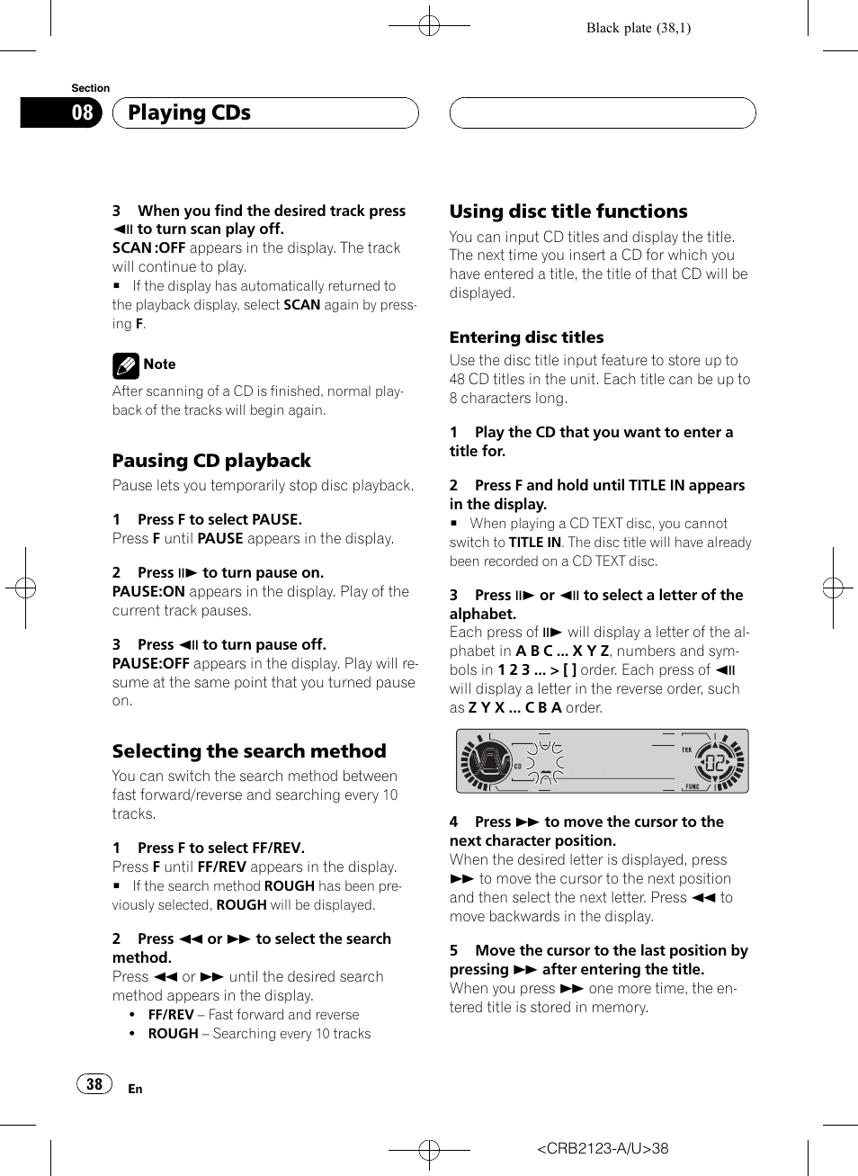 Selecting the search, Playing cds, Pausing cd playback | Selecting the search method, Using disc title functions | Pioneer Super Tuner III D DVH-P5850MP User Manual | Page 38 / 100