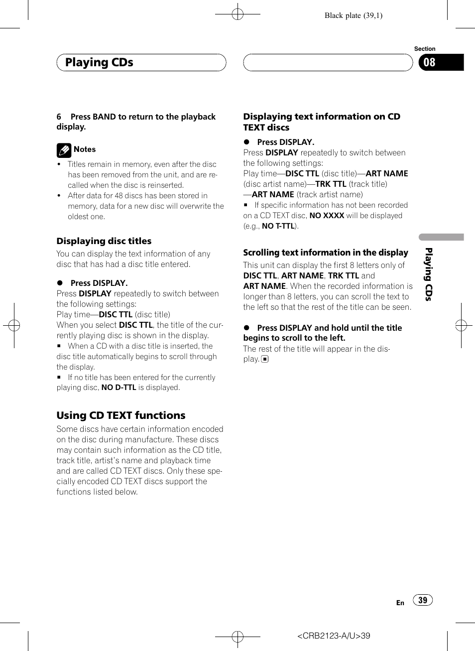 Playing cds, Using cd text functions | Pioneer Super Tuner III D DVH-P5850MP User Manual | Page 39 / 100