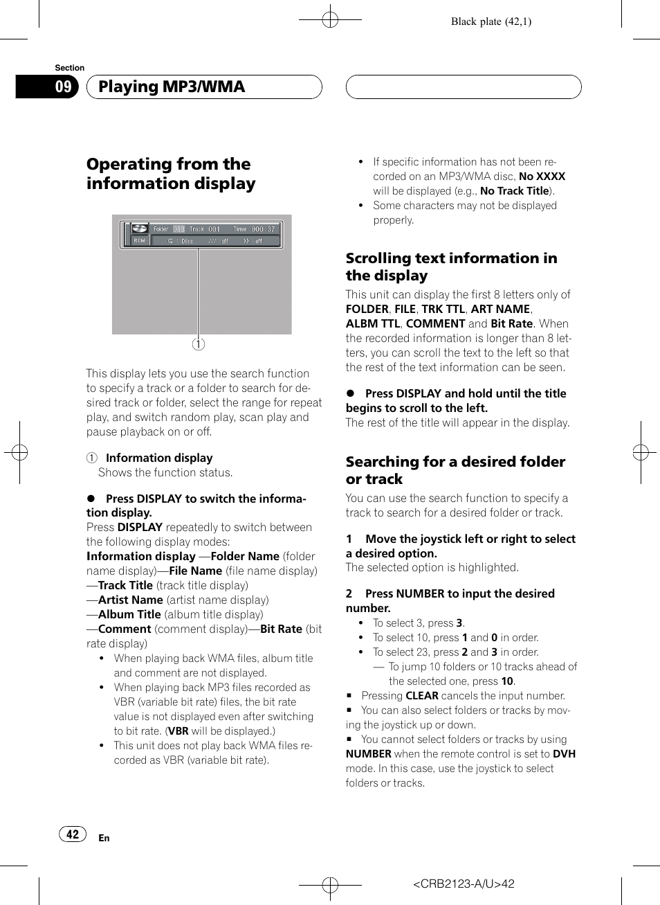Operating from the information display 42, Operating from the information display, Playing mp3/wma | Scrolling text information in the display, Searching for a desired folder or track | Pioneer Super Tuner III D DVH-P5850MP User Manual | Page 42 / 100