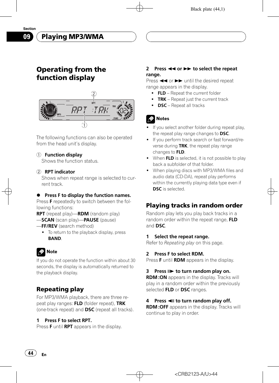 Operating from the function display 44, Operating from the function display, Playing mp3/wma | Pioneer Super Tuner III D DVH-P5850MP User Manual | Page 44 / 100