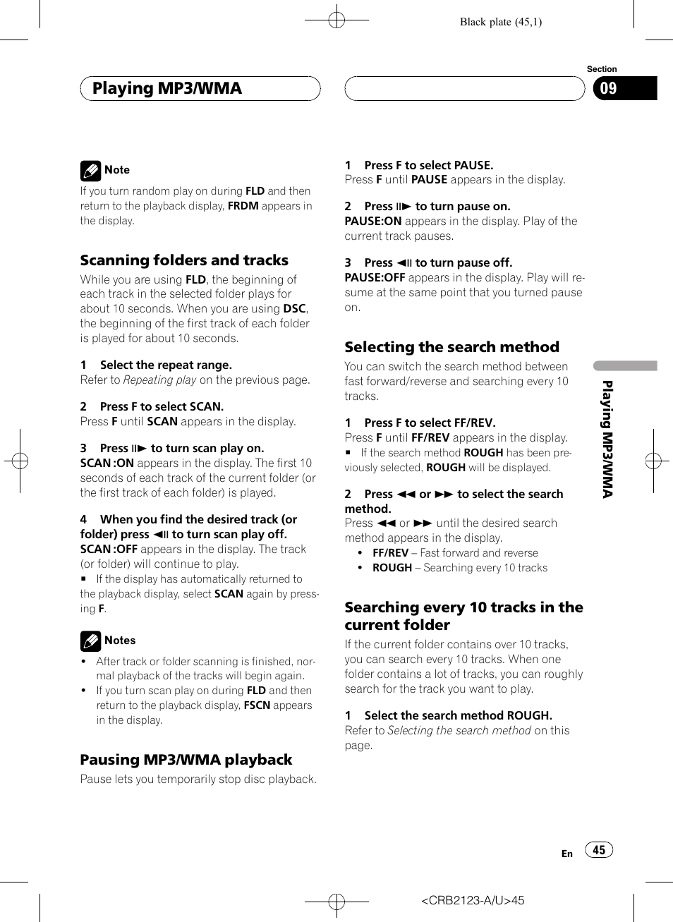 Playing mp3/wma, Scanning folders and tracks, Pausing mp3/wma playback | Selecting the search method, Searching every 10 tracks in the current folder | Pioneer Super Tuner III D DVH-P5850MP User Manual | Page 45 / 100