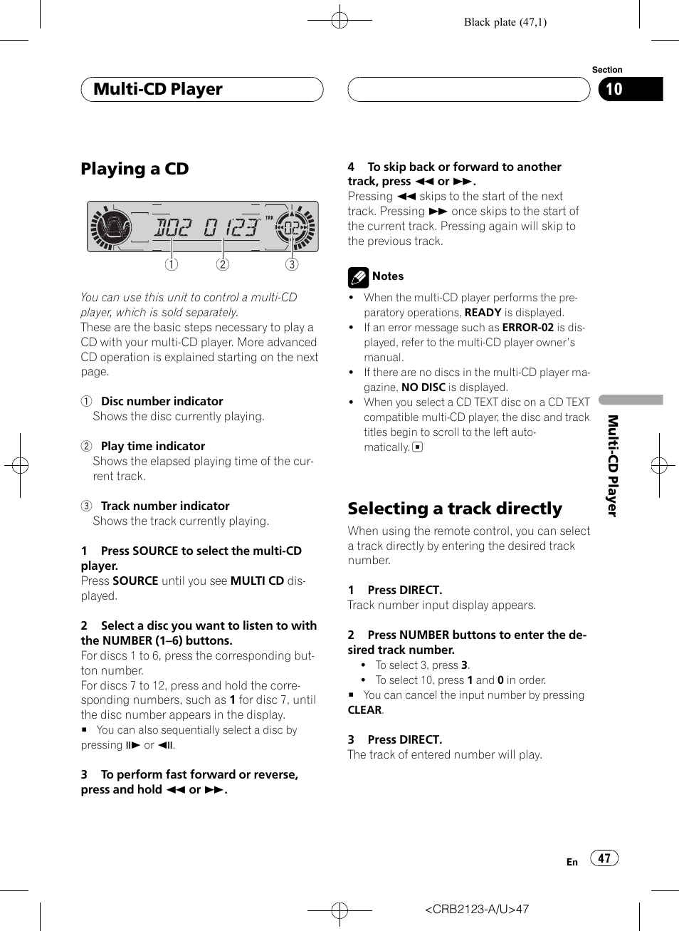 Playing a cd, Selecting a trackdirectly, Multi-cd player | Pioneer Super Tuner III D DVH-P5850MP User Manual | Page 47 / 100