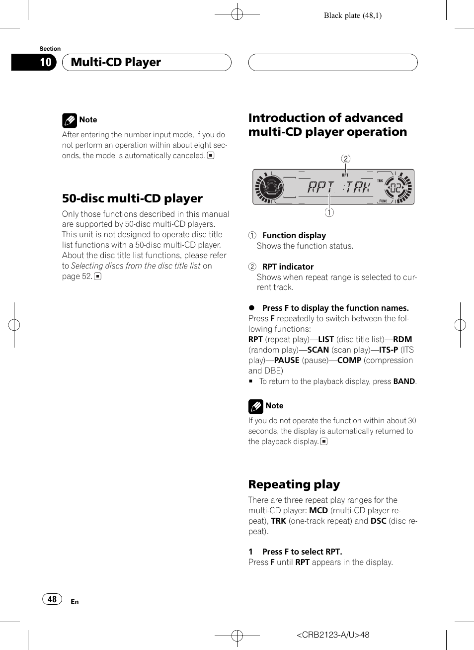 Operation 48, Repeating play 48, Disc multi-cd player | Introduction of advanced multi-cd player operation, Repeating play, Multi-cd player | Pioneer Super Tuner III D DVH-P5850MP User Manual | Page 48 / 100