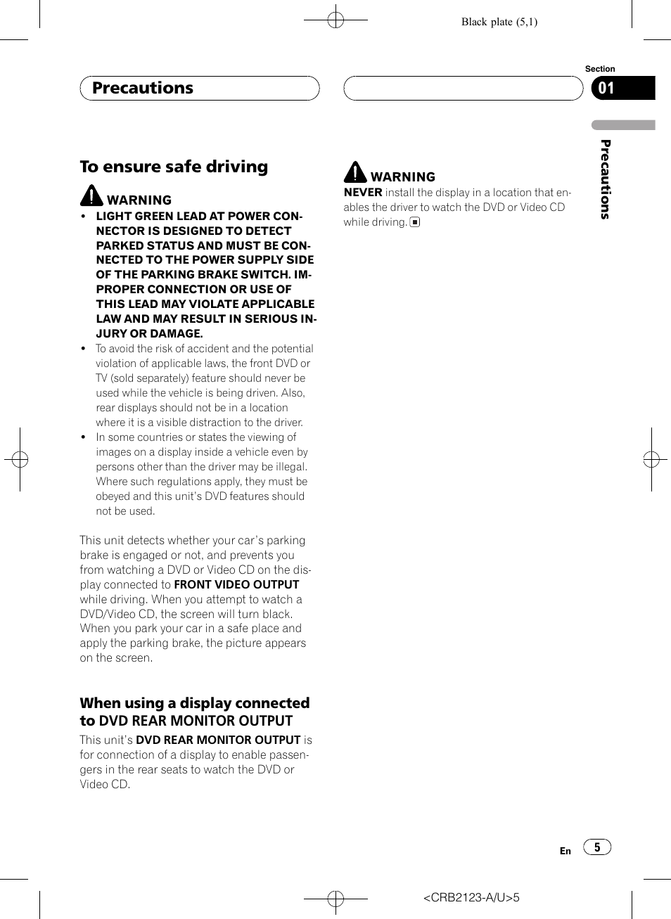 Precautions to ensure safe driving 5, Precautions | Pioneer Super Tuner III D DVH-P5850MP User Manual | Page 5 / 100