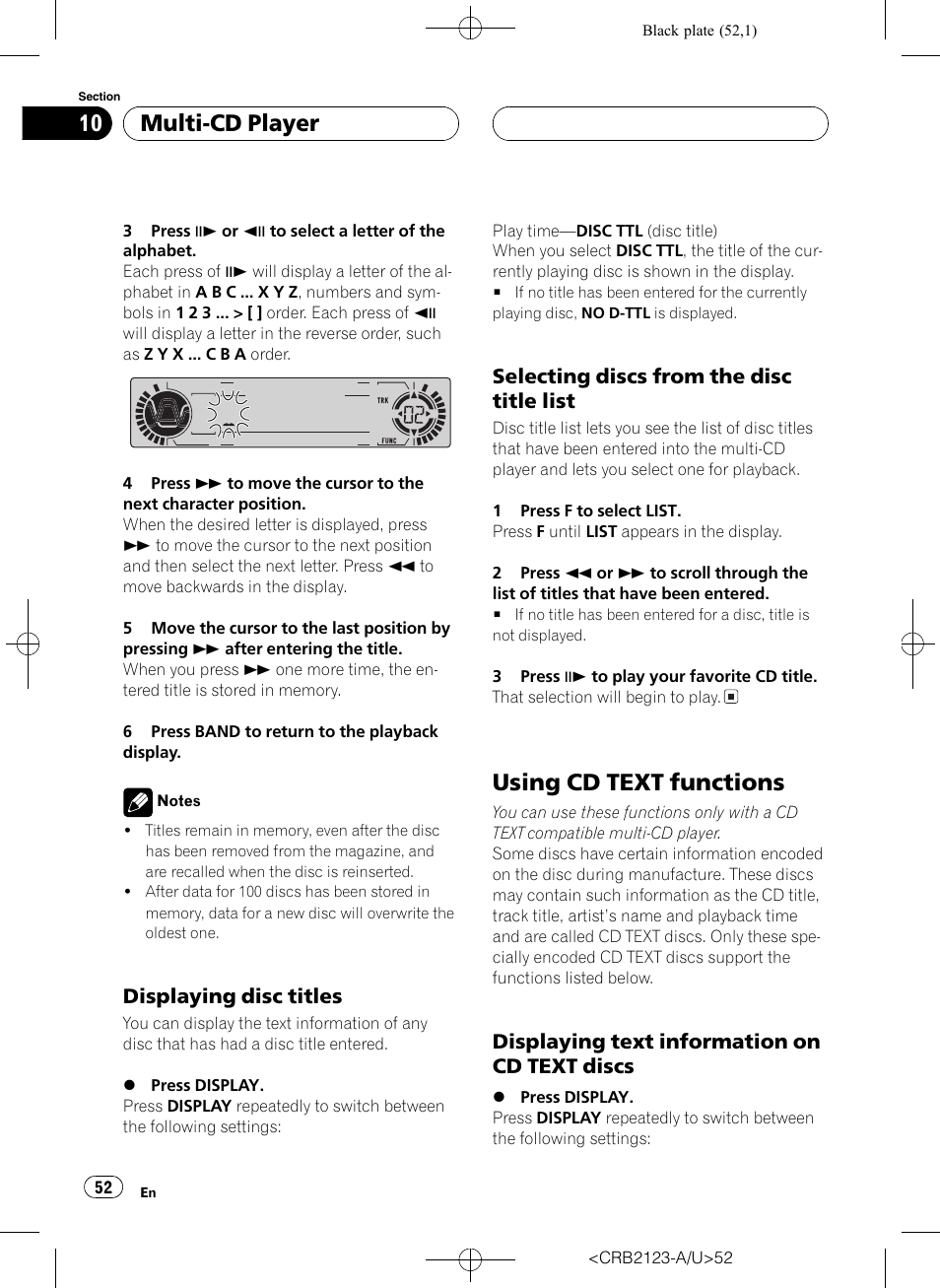 Using cd text functions 52, Using cd text functions, Multi-cd player | Displaying disc titles, Selecting discs from the disc title list, Displaying text information on cd text discs | Pioneer Super Tuner III D DVH-P5850MP User Manual | Page 52 / 100