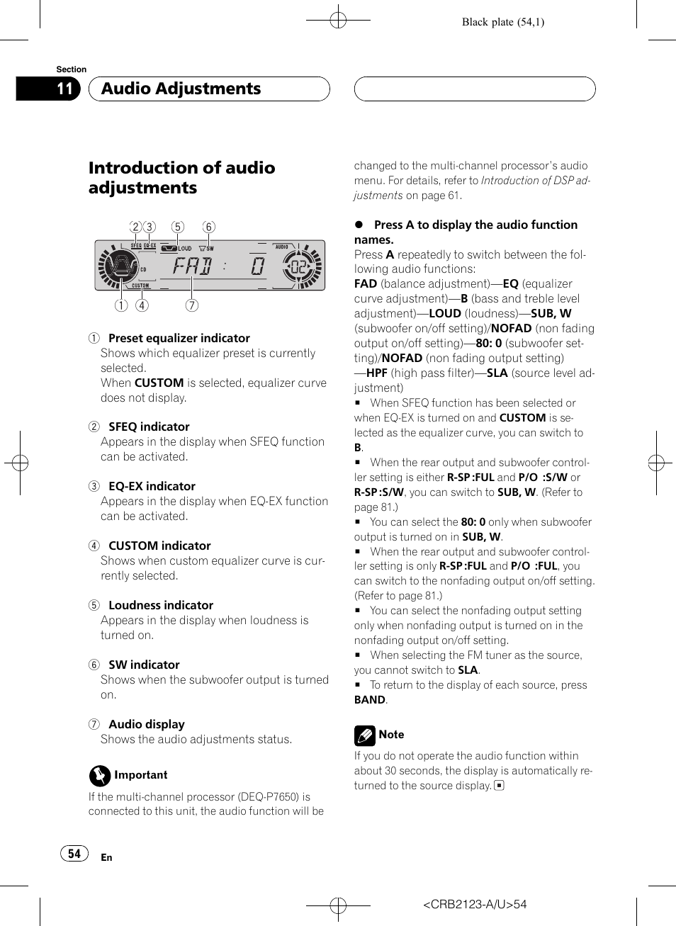 Introduction of audio adjustments, Audio adjustments | Pioneer Super Tuner III D DVH-P5850MP User Manual | Page 54 / 100