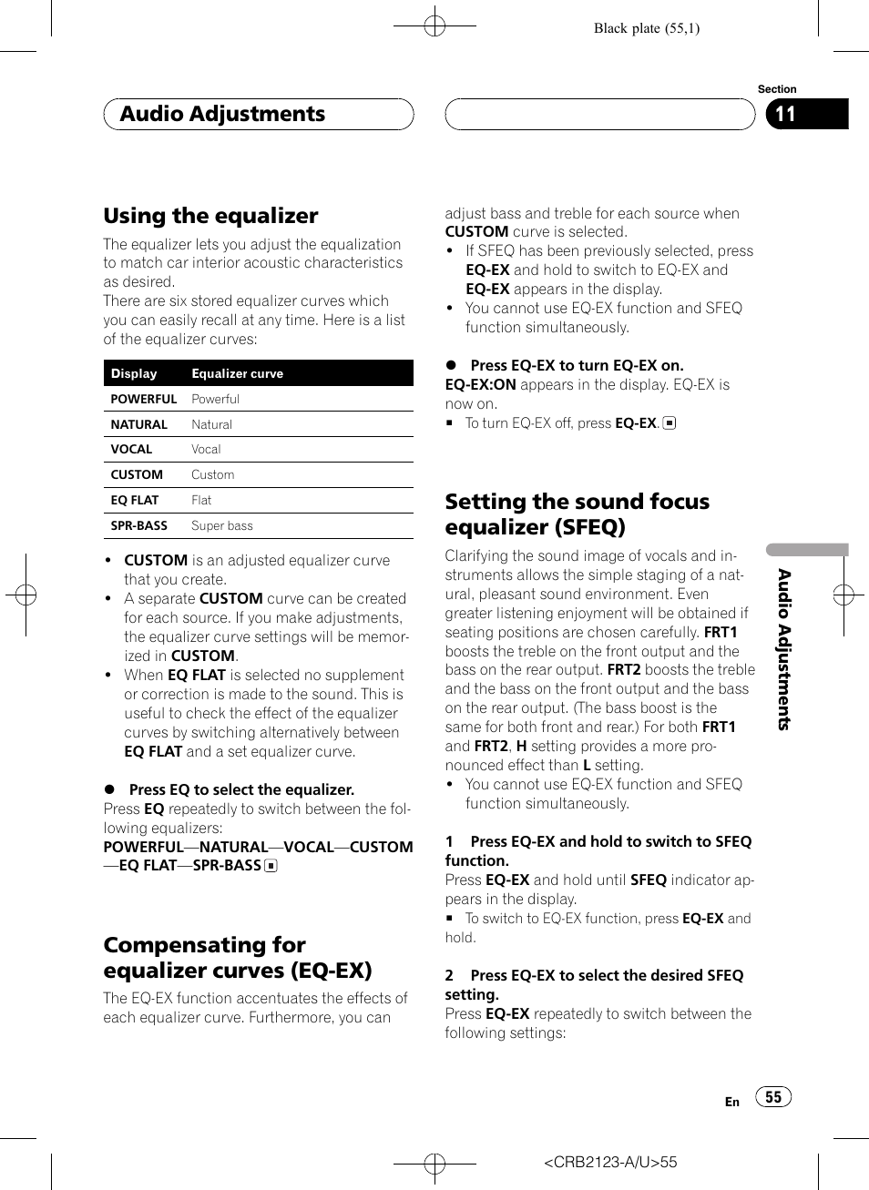 Ex) 55, Setting the sound focus equalizer, Sfeq) 55 | Using the equalizer, Compensating for equalizer curves (eq-ex), Setting the sound focus equalizer (sfeq), Audio adjustments | Pioneer Super Tuner III D DVH-P5850MP User Manual | Page 55 / 100