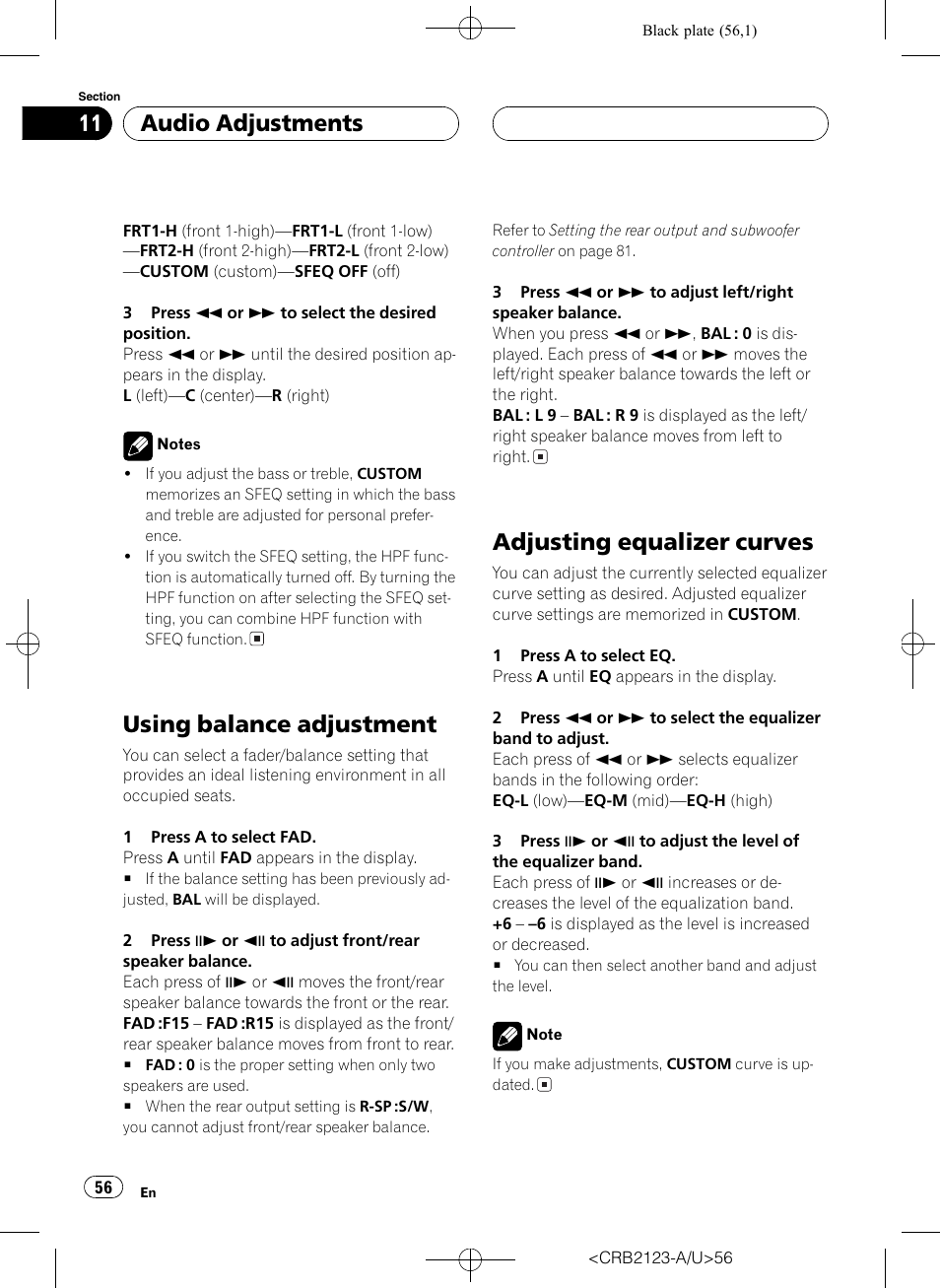 Using balance adjustment, Adjusting equalizer curves, Audio adjustments | Pioneer Super Tuner III D DVH-P5850MP User Manual | Page 56 / 100