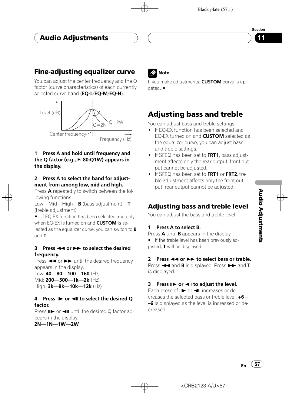 Fine-adjusting equalizer curve, Adjusting bass and treble, Audio adjustments | Adjusting bass and treble level | Pioneer Super Tuner III D DVH-P5850MP User Manual | Page 57 / 100