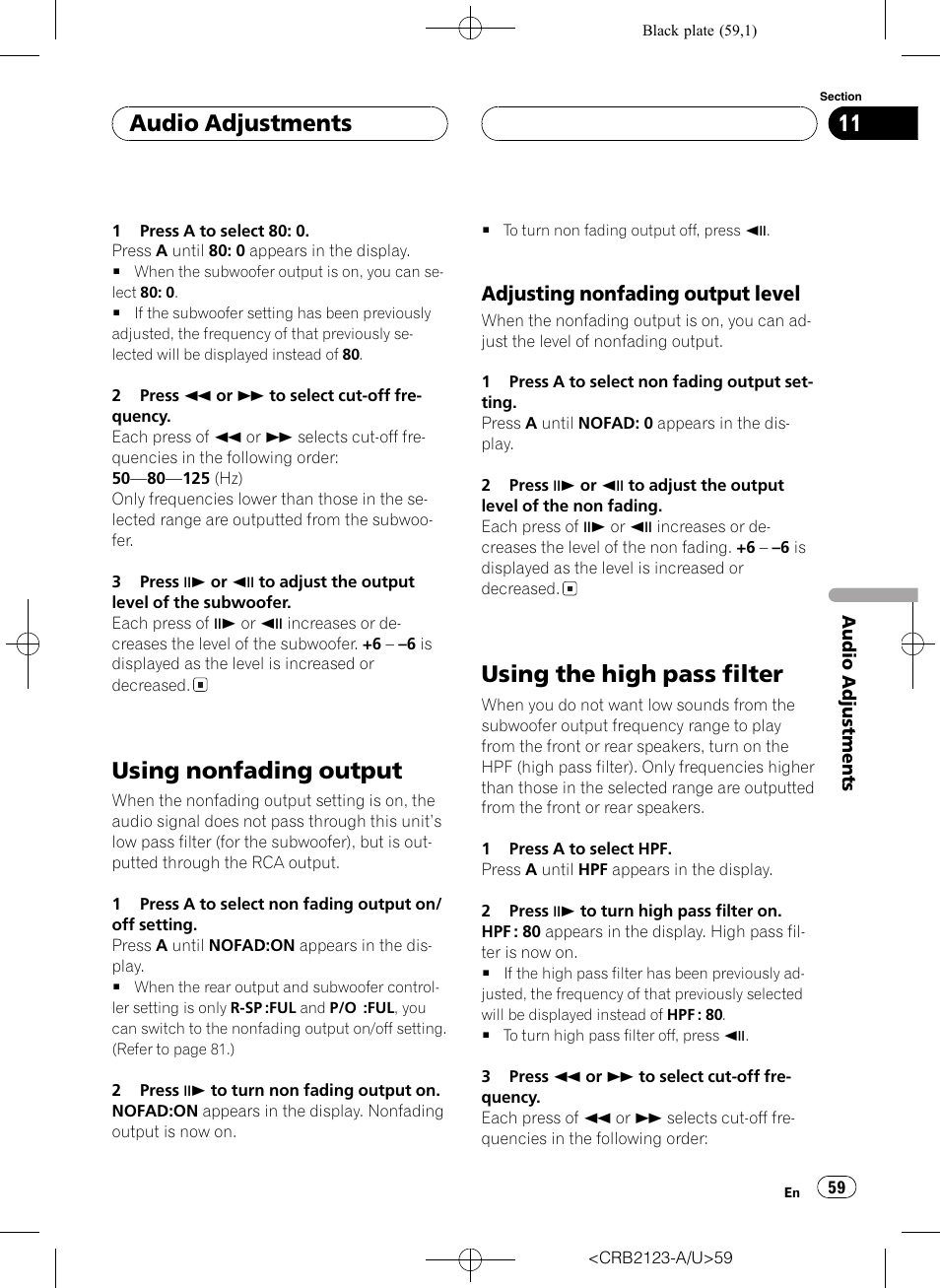 Using nonfading output, Using the high pass filter, Audio adjustments | Adjusting nonfading output level | Pioneer Super Tuner III D DVH-P5850MP User Manual | Page 59 / 100
