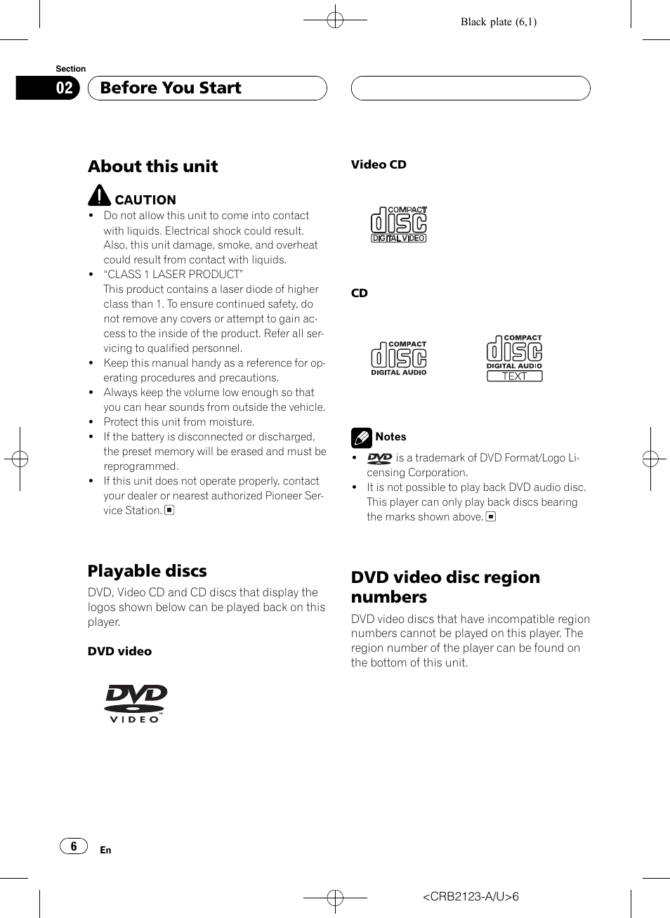 Playable discs 6, Dvd video disc region numbers 6, About this unit | Playable discs, Dvd video disc region numbers, Before you start | Pioneer Super Tuner III D DVH-P5850MP User Manual | Page 6 / 100