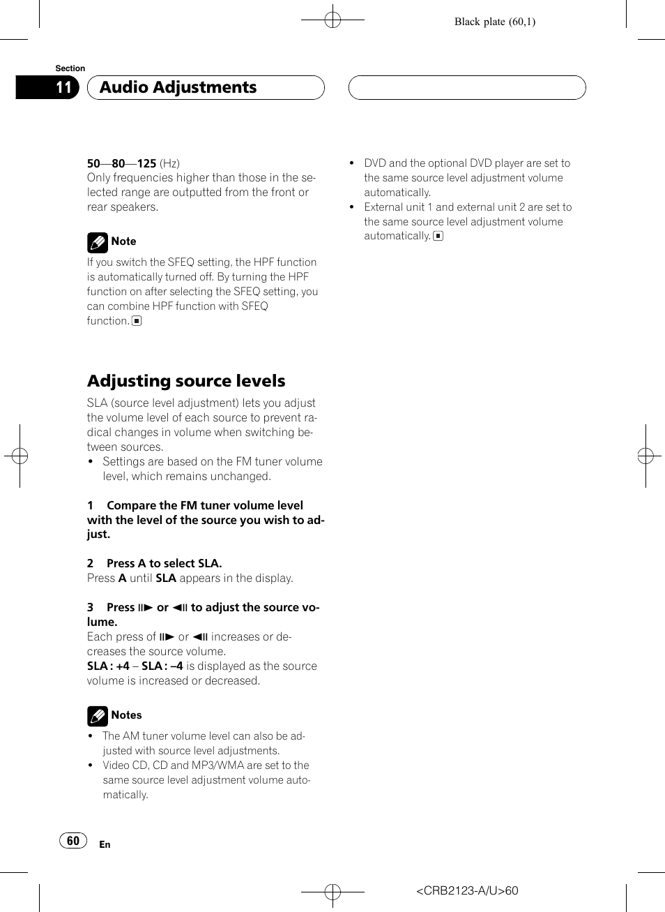 Adjusting source levels 60, Adjusting source levels, Audio adjustments | Pioneer Super Tuner III D DVH-P5850MP User Manual | Page 60 / 100