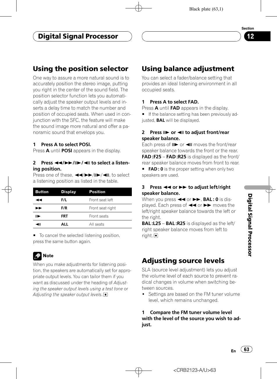 Using the position selector, Using balance adjustment, Adjusting source levels | Digital signal processor | Pioneer Super Tuner III D DVH-P5850MP User Manual | Page 63 / 100