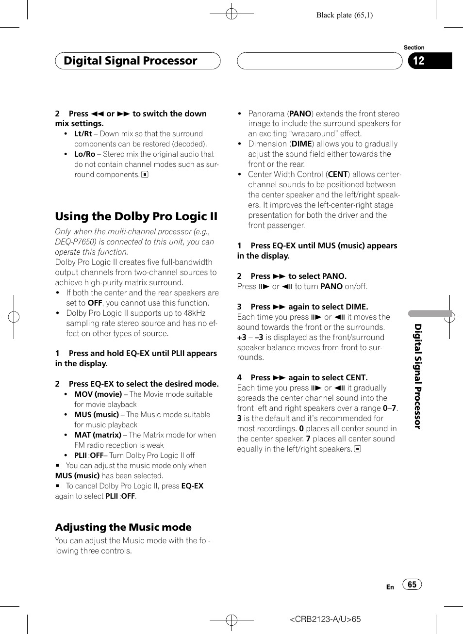 Using the dolby pro logic ii 65, Using the dolby pro logic ii, Digital signal processor | Adjusting the music mode | Pioneer Super Tuner III D DVH-P5850MP User Manual | Page 65 / 100