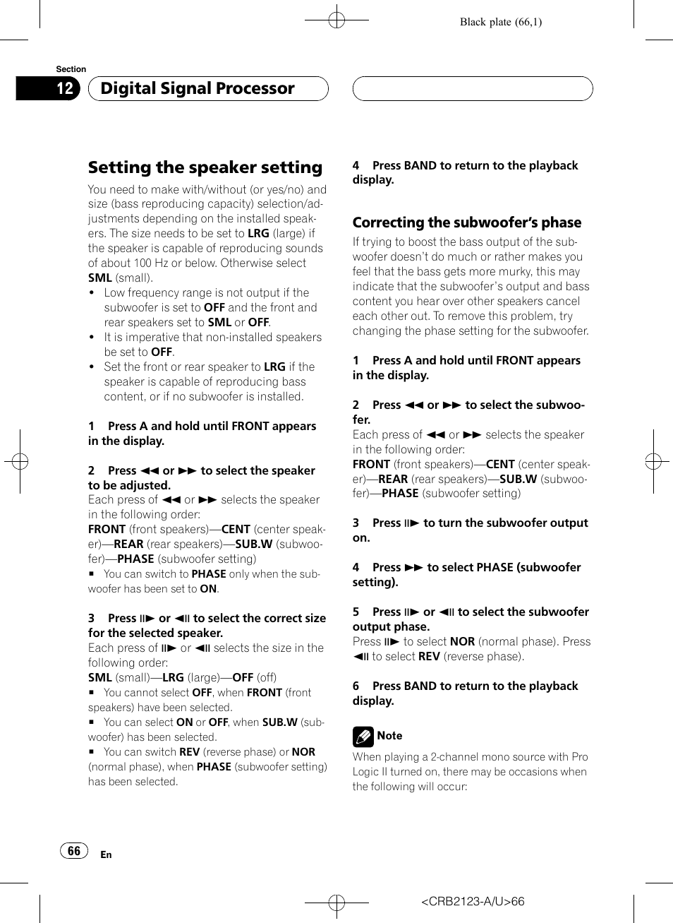 Setting the speaker setting 66, Setting the speaker setting, Digital signal processor | Correcting the subwoofers phase | Pioneer Super Tuner III D DVH-P5850MP User Manual | Page 66 / 100