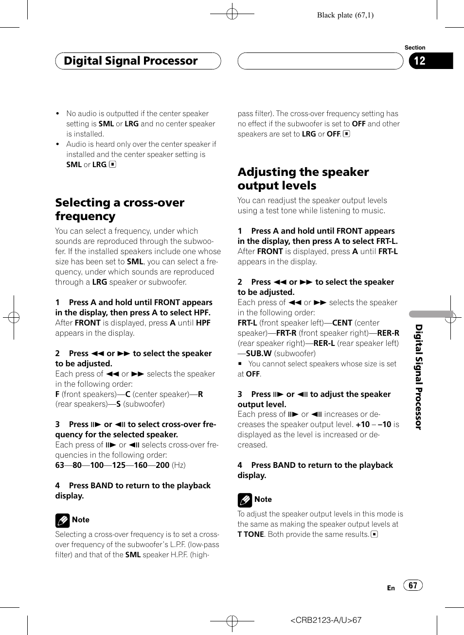Selecting a cross-over frequency, Adjusting the speaker output levels, Digital signal processor | Pioneer Super Tuner III D DVH-P5850MP User Manual | Page 67 / 100