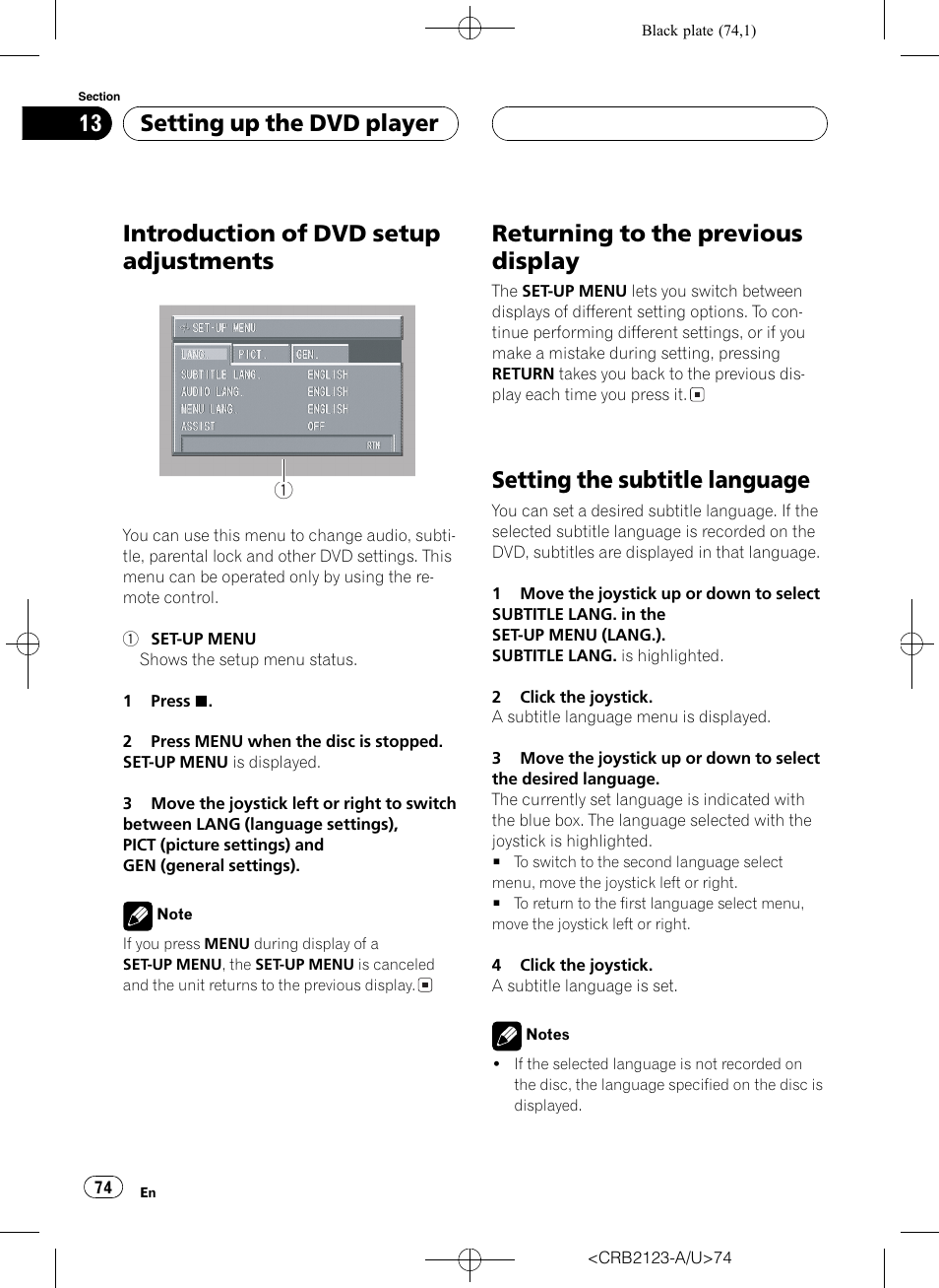 Introduction of dvd setup adjustments, Returning to the previous display, Setting the subtitle language | Setting up the dvd player | Pioneer Super Tuner III D DVH-P5850MP User Manual | Page 74 / 100