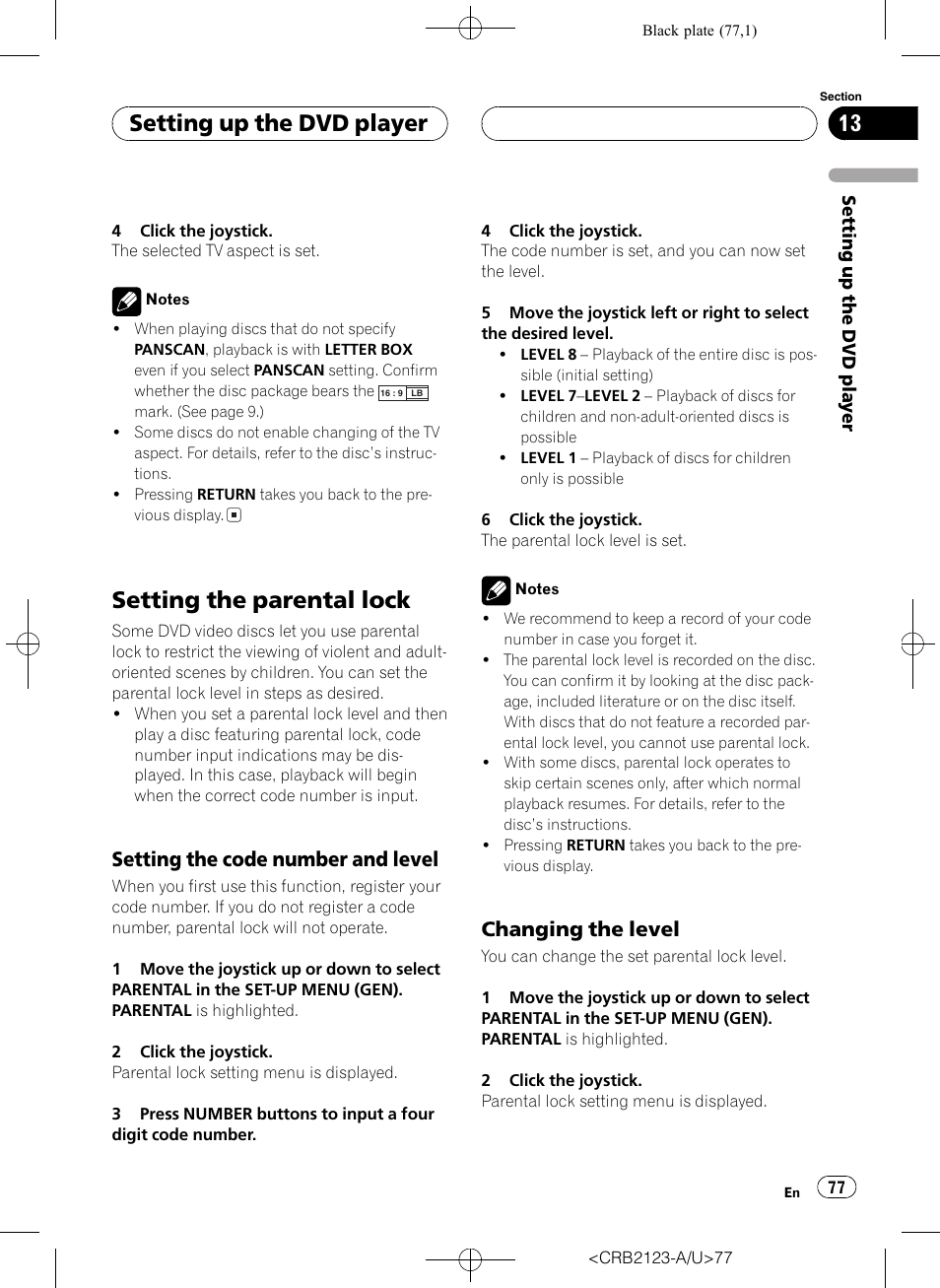 Setting the parental lock 77, Setting the parental lock, Setting up the dvd player | Setting the code number and level, Changing the level | Pioneer Super Tuner III D DVH-P5850MP User Manual | Page 77 / 100