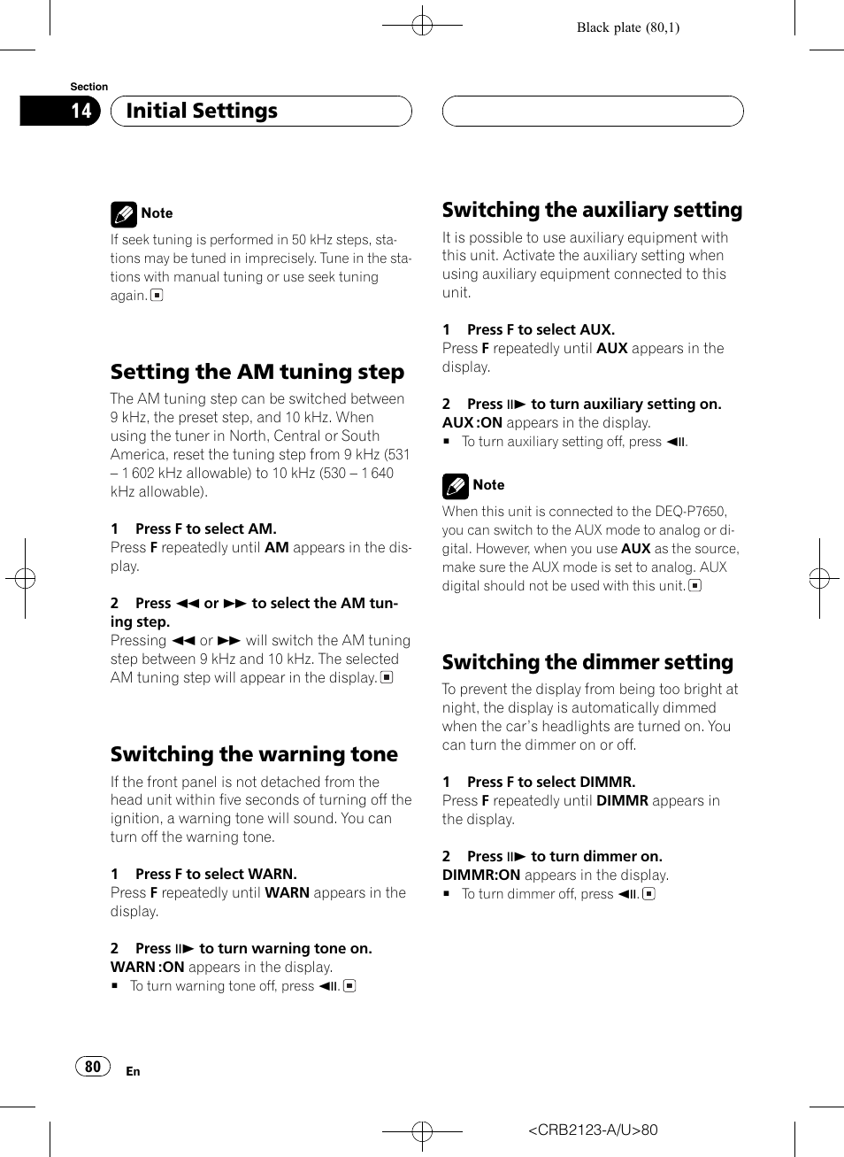 Setting the am tuning step, Switching the warning tone, Switching the auxiliary setting | Switching the dimmer setting, Initial settings | Pioneer Super Tuner III D DVH-P5850MP User Manual | Page 80 / 100