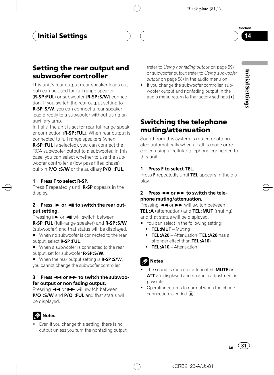 Setting the rear output and subwoofer, Controller 81, Switching the telephone muting | Attenuation 81, Setting the rear output and subwoofer controller, Switching the telephone muting/attenuation, Initial settings | Pioneer Super Tuner III D DVH-P5850MP User Manual | Page 81 / 100