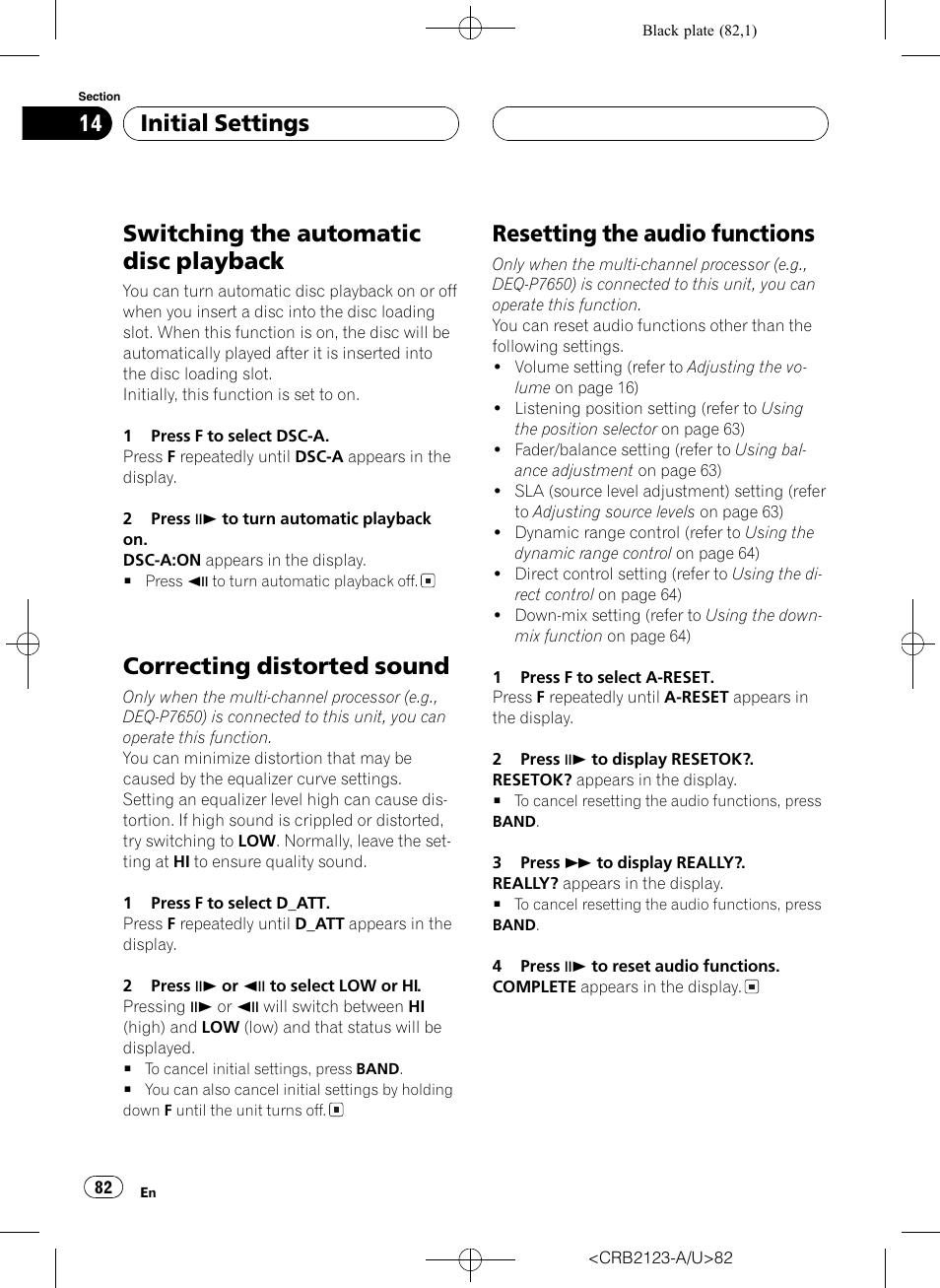 Switching the auto, Switching the automatic disc playback, Correcting distorted sound | Resetting the audio functions, Initial settings | Pioneer Super Tuner III D DVH-P5850MP User Manual | Page 82 / 100