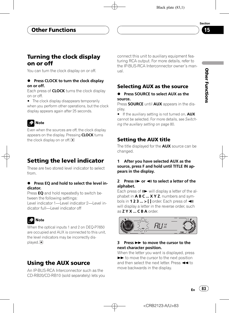 Turning the clockdisplay on or off, Setting the level indicator, Using the aux source | Other functions | Pioneer Super Tuner III D DVH-P5850MP User Manual | Page 83 / 100