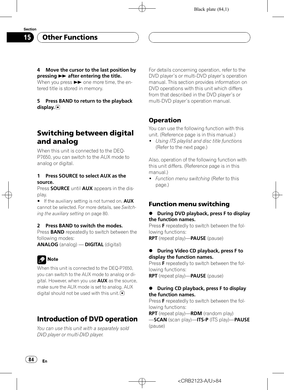 Switching between digital and analog, Introduction of dvd operation, Other functions | Operation, Function menu switching | Pioneer Super Tuner III D DVH-P5850MP User Manual | Page 84 / 100