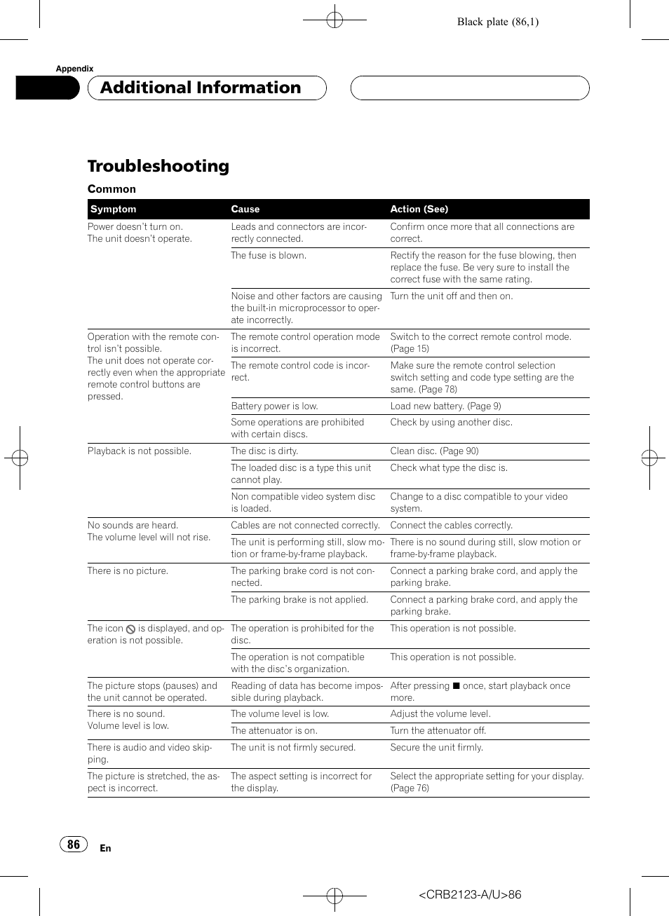 Additional information troubleshooting 86, Troubleshooting, Additional information | Pioneer Super Tuner III D DVH-P5850MP User Manual | Page 86 / 100