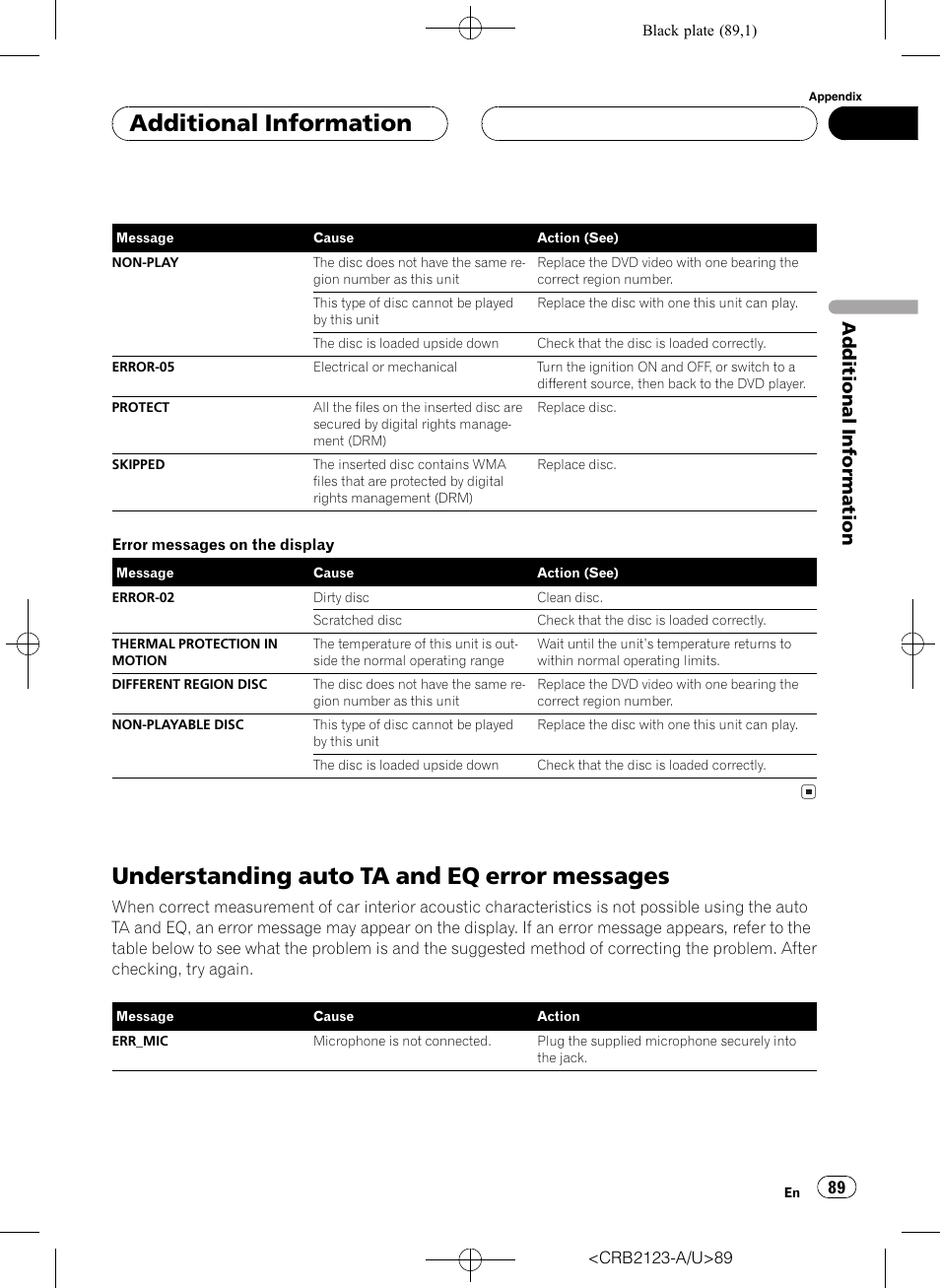 Understanding auto ta and eq error, Messages 89, Under | Standing auto ta and eq error messages on, Understanding auto ta and eq error messages, Additional information | Pioneer Super Tuner III D DVH-P5850MP User Manual | Page 89 / 100