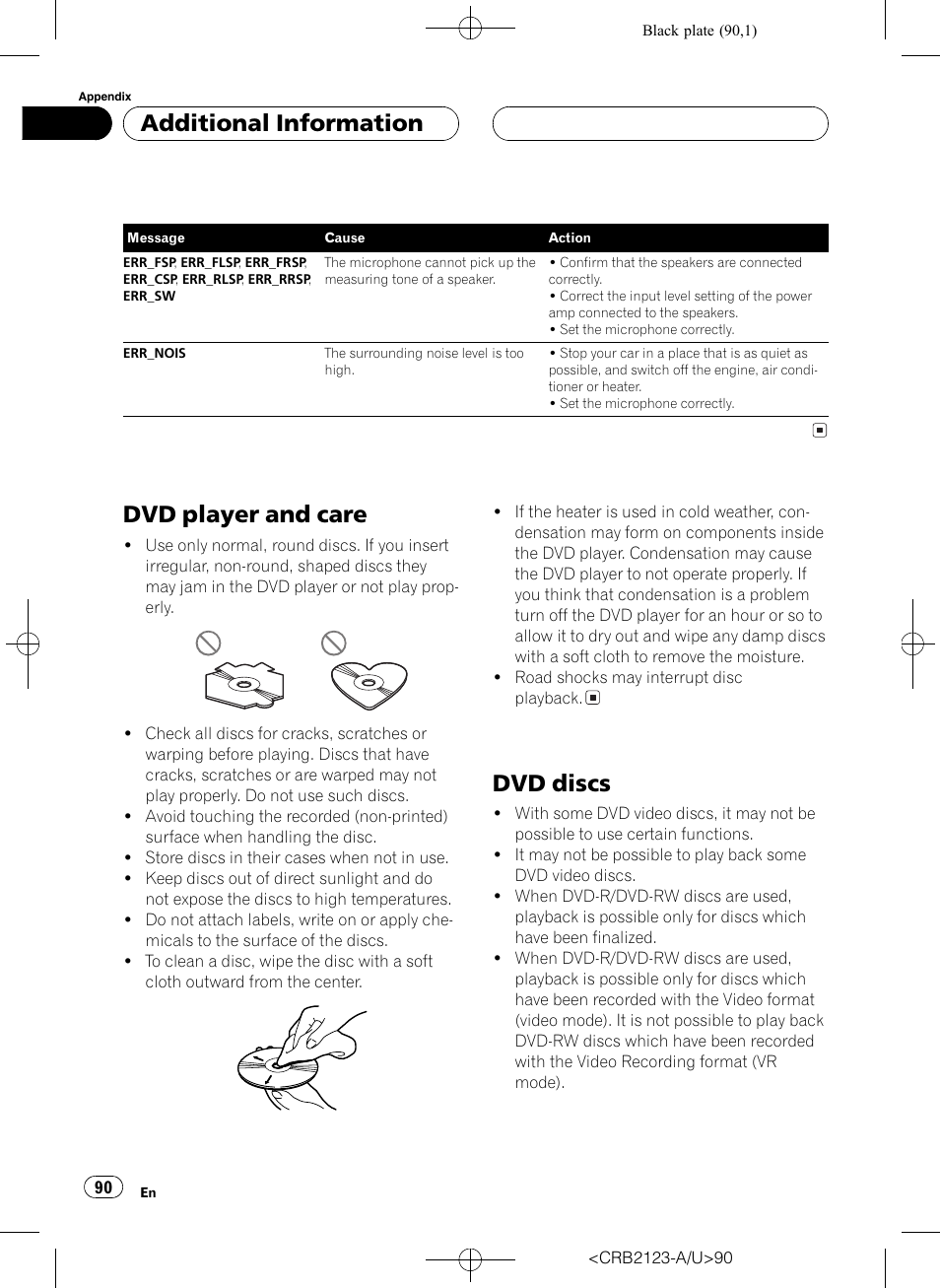 Dvd player and care 90 dvd discs 90, Dvd player and care, Dvd discs | Additional information | Pioneer Super Tuner III D DVH-P5850MP User Manual | Page 90 / 100
