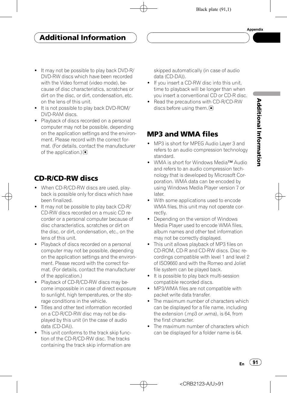 Cd-r/cd-rw discs 91 mp3 and wma files 91, Cd-r/cd-rw discs, Mp3 and wma files | Additional information | Pioneer Super Tuner III D DVH-P5850MP User Manual | Page 91 / 100