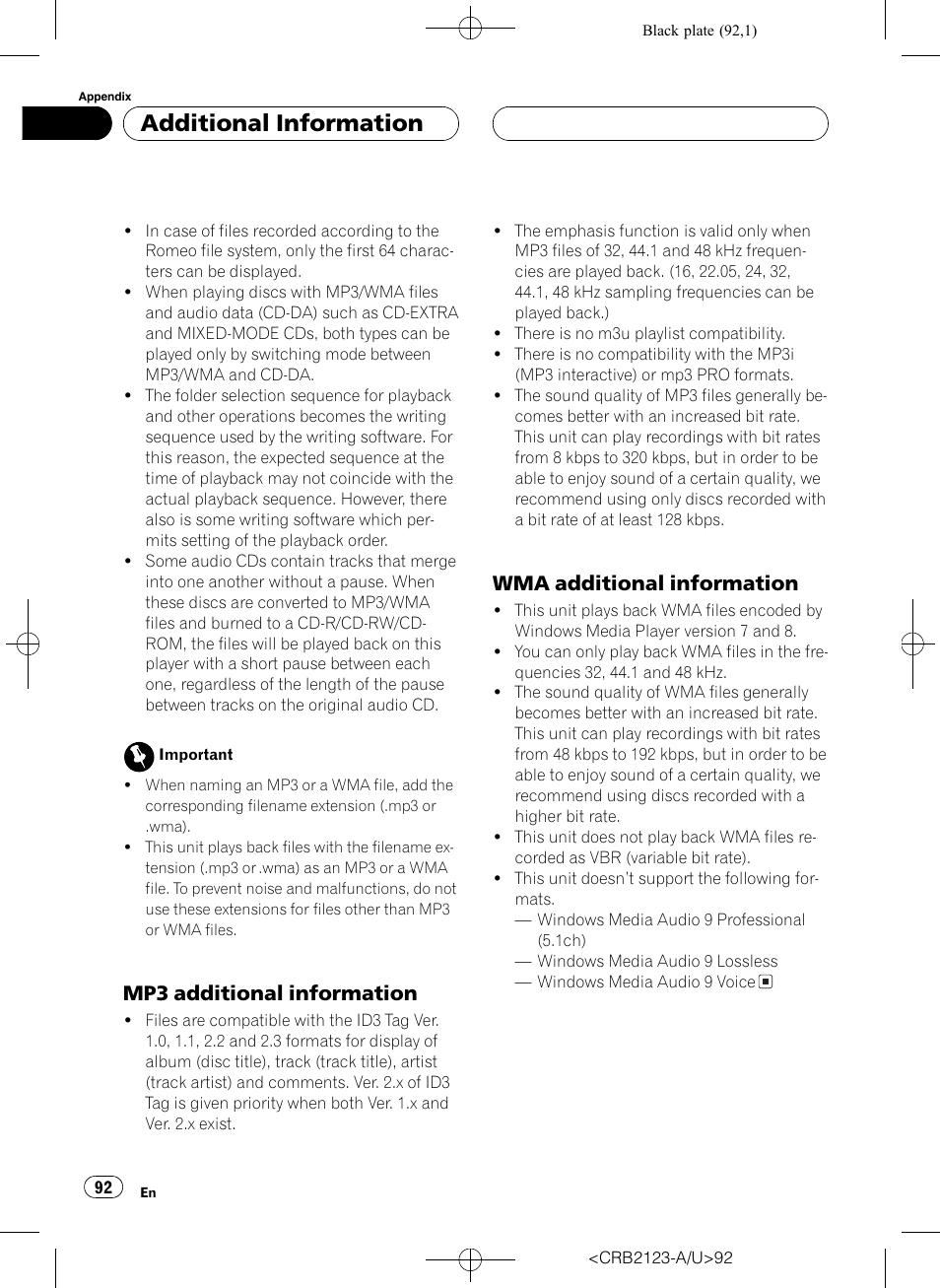 Additional information, Mp3 additional information, Wma additional information | Pioneer Super Tuner III D DVH-P5850MP User Manual | Page 92 / 100