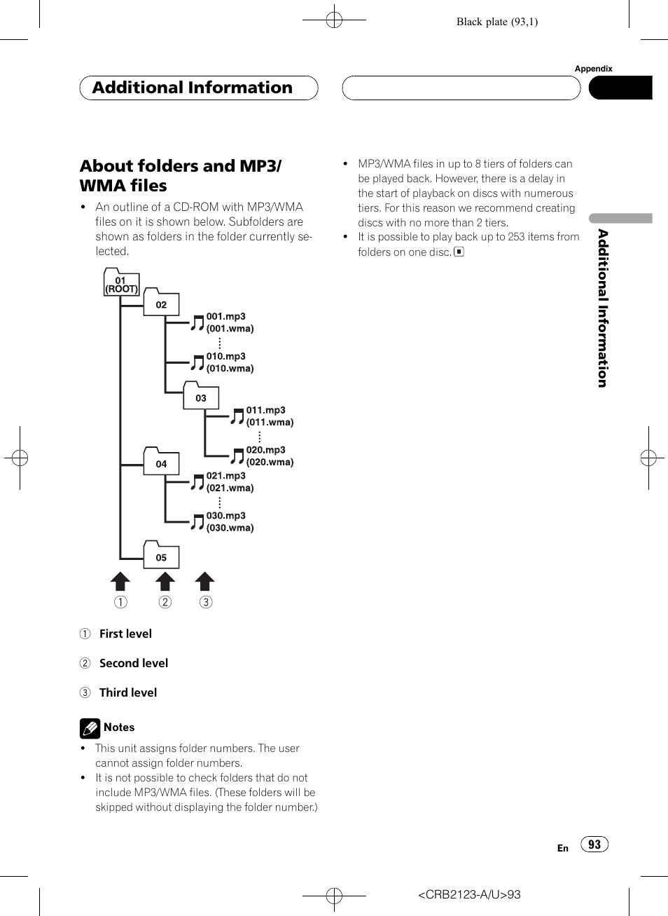 About folders and mp3/wma files 93, About folders and mp3/ wma files, Additional information | Pioneer Super Tuner III D DVH-P5850MP User Manual | Page 93 / 100