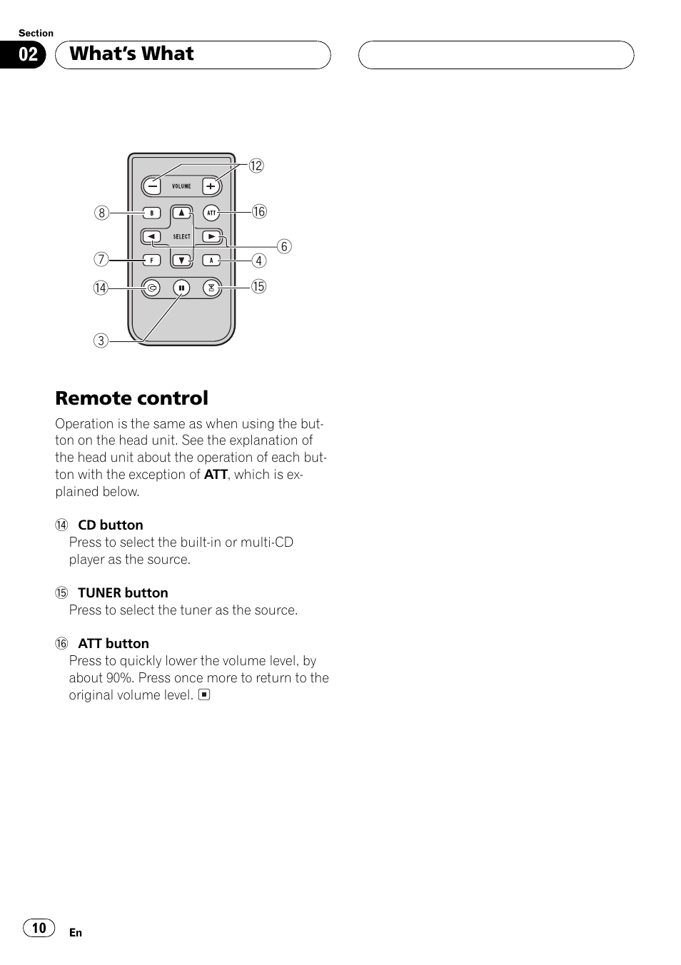 Remote control 10, Remote control, Whats what | Pioneer DEH-P2500 User Manual | Page 10 / 104