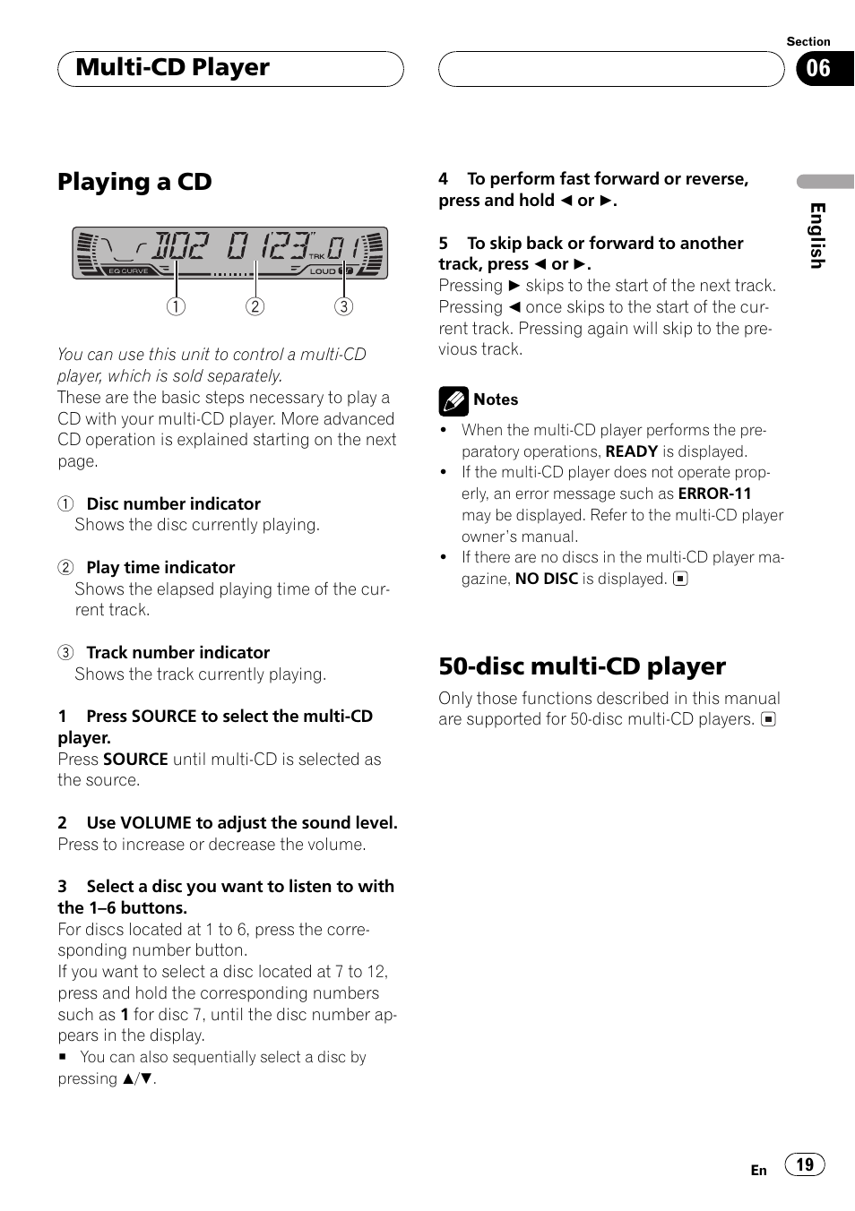 Playing a cd, Disc multi-cd player, Multi-cd player | Pioneer DEH-P2500 User Manual | Page 19 / 104